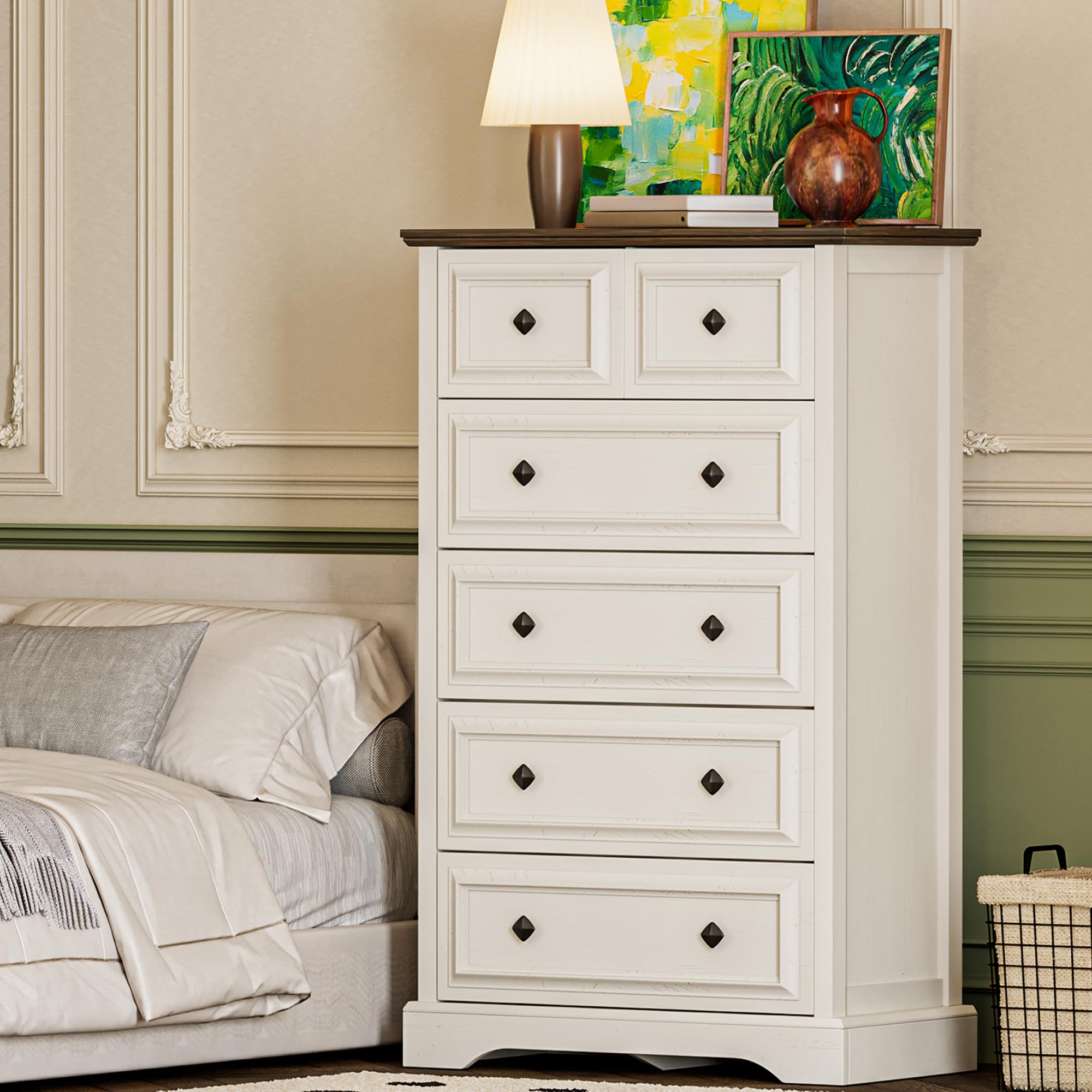 Amazon.com: VVFLU Farmhouse 6 Drawer Dresser, 48" Tall White Dresser with  Natural Texture & Metal Handles, Storage Drawer Chest for Bedroom, Living  Room, Hallway, Vintage Design (Antique White) : Baby