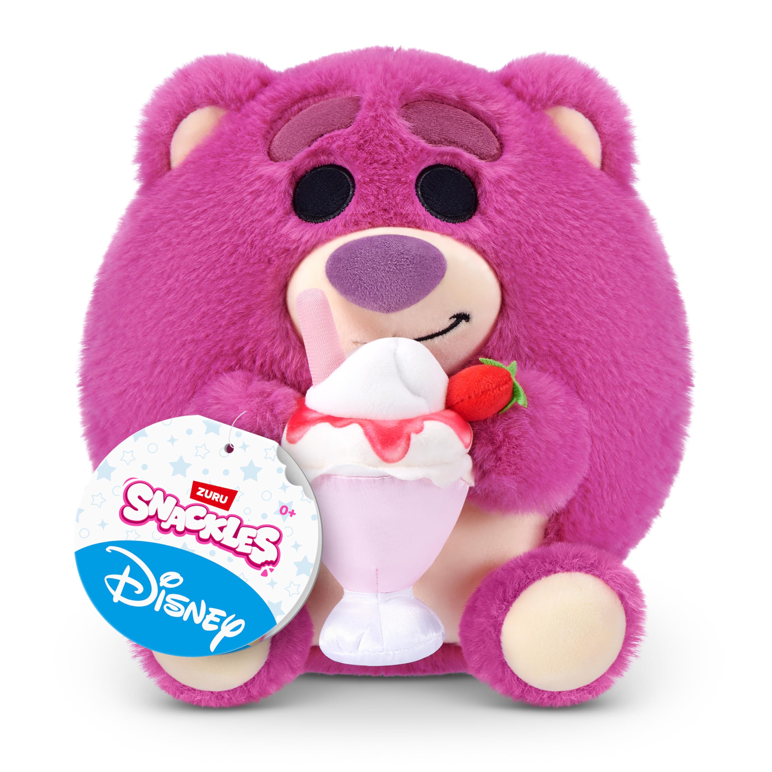 Snackles Disney 8-Inch Plush Toy (Lotso & Strawberry Smoothie) by ZURU, Ultra-Soft Stuffed Animal with Snack Accessory