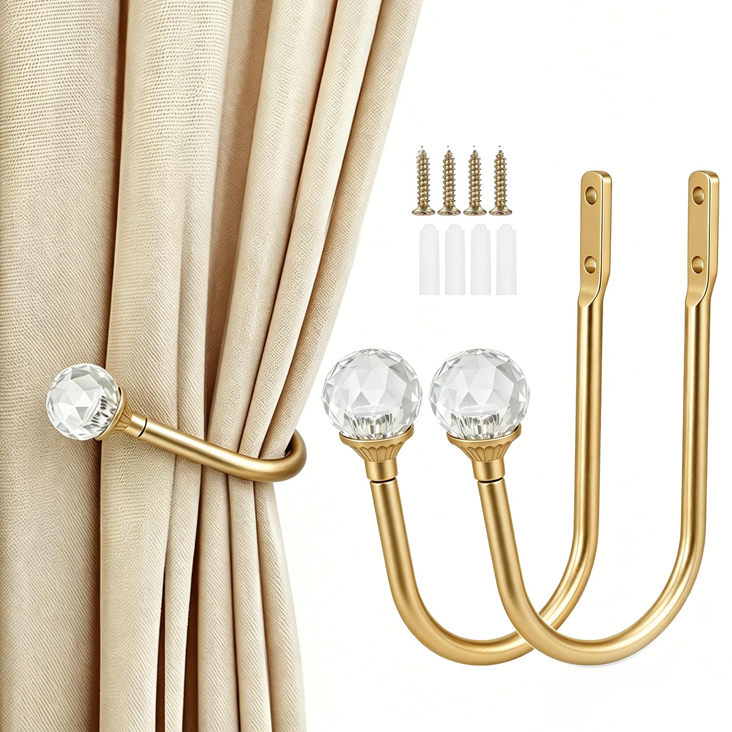 2 Pcs Gold Curtain Tie Backs Hook With Crystal Finials