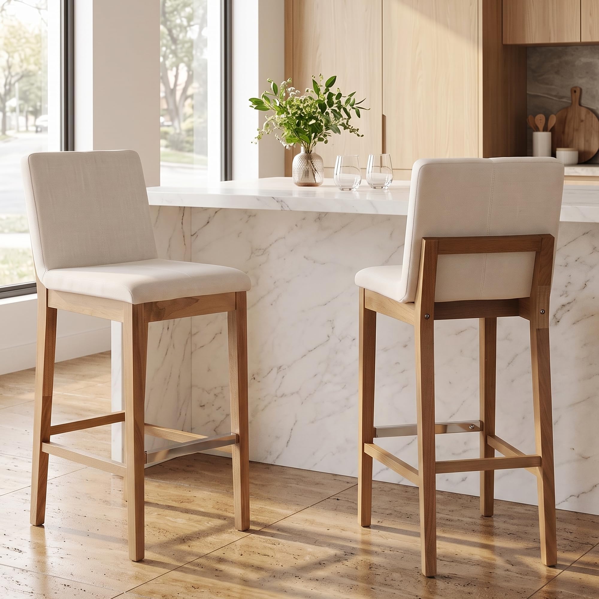 Bar Stools for Kitchen Island Set of 2, Linen Fabric Upholstered Barstools with Solid Wood Frame, 30 Inch Mid Century Bar Height Stool Chairs for Home Bar/Patio/Cafe/Restaurant, Beige