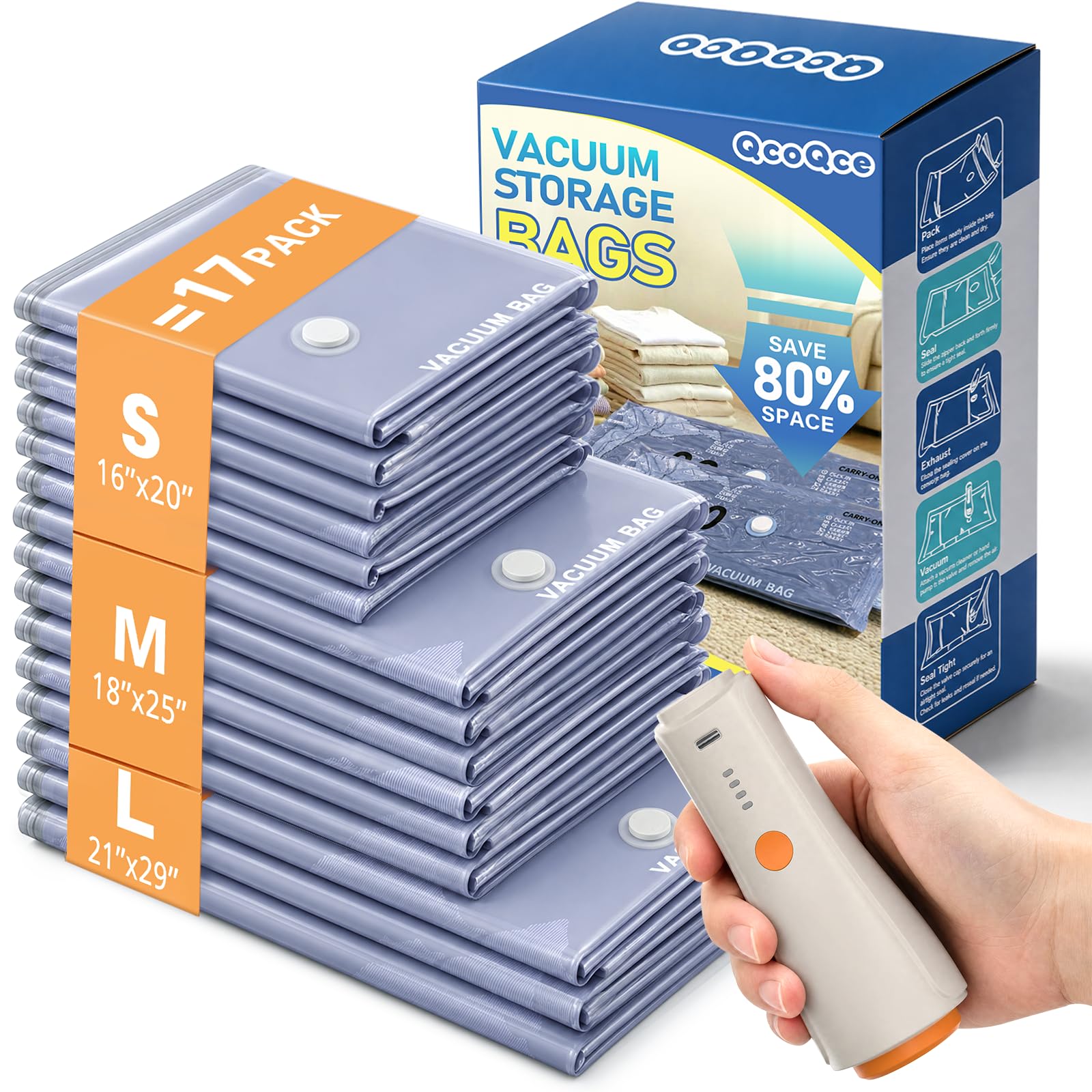QcoQce Vacuum Bags for Travel with Rechargeable Pump, Compression Packing — image 1