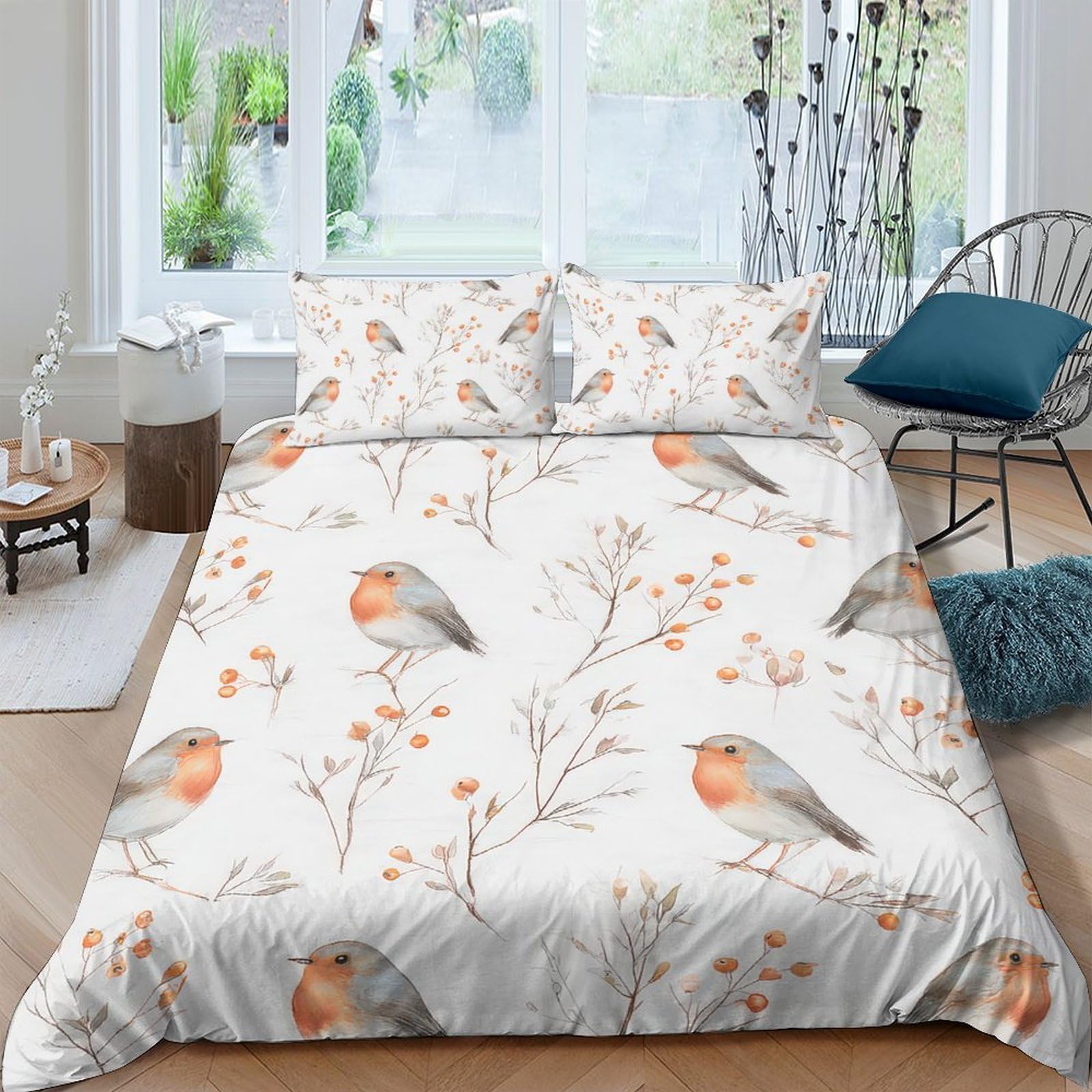 Ctjqhvkz Style-7 3D Printed Robin Bird Fitted Sheet Microfiber Soft Botanical Pattern Mattress Cover For Bedroom Guest Room Decor Single（135X200cm）