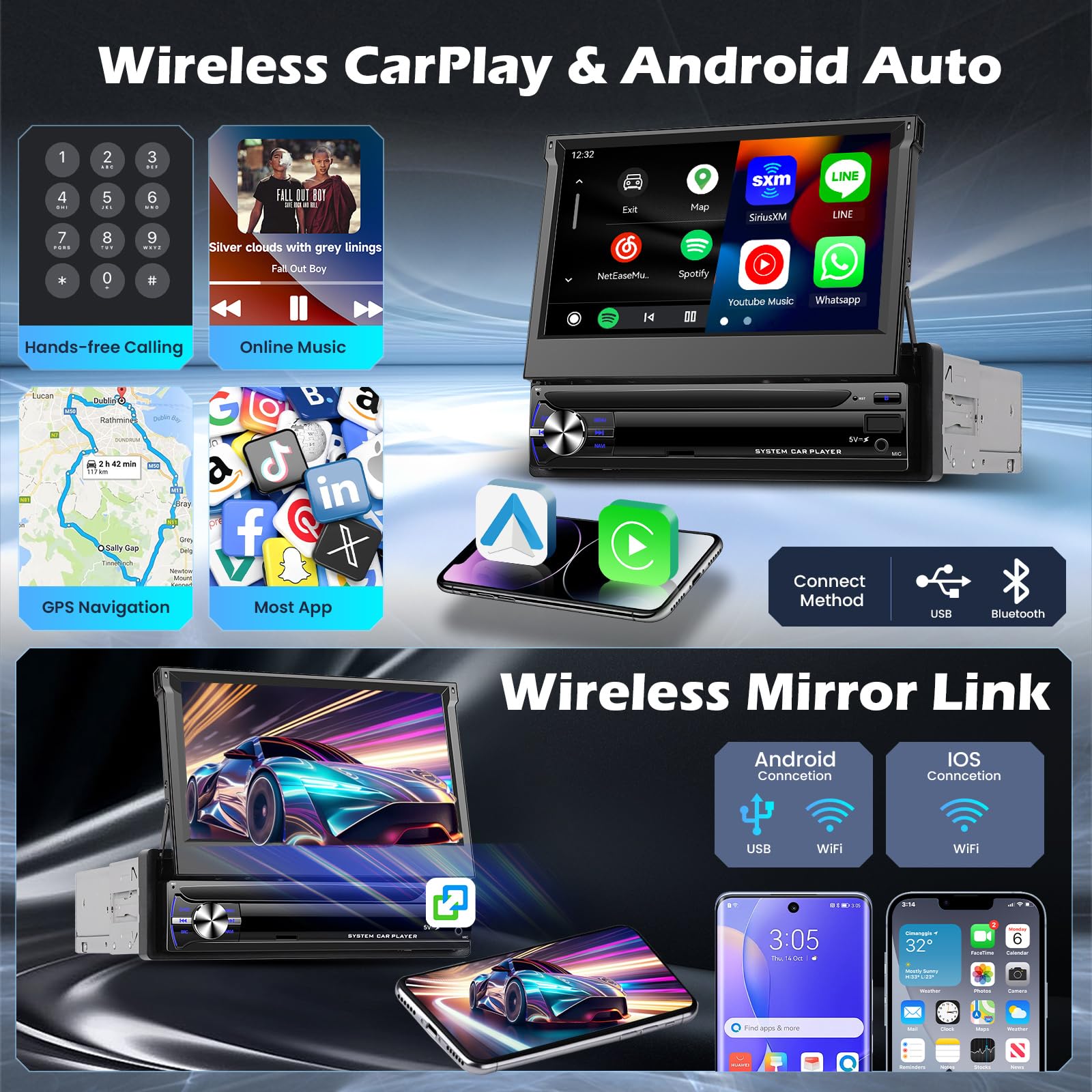 Hikity Senza Fili CarPlay Autoradio 1 DIN con Schermo, 7 Pollici 1 Din Stereo Auto Bluetooth con Android Auto Bluetooth Vivavoce FM AUX 2USB SWC Mirror Link Telecamera Posteriore