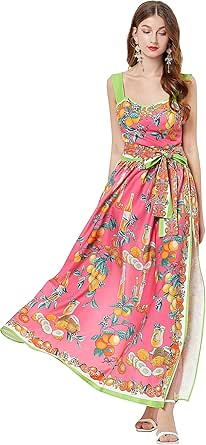 Women's Boho Floral Maxi Dress - Spaghetti Strap Square Neck Summer Beach Sun Dress