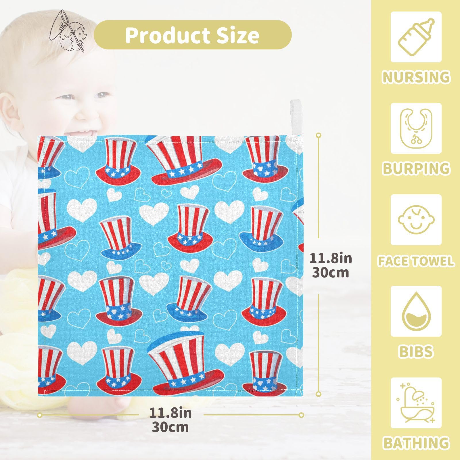 Kigai Independence Day Baby Washcloths,5pcs Ultra Soft Absorbent Towel,Newborn Bath Face Towel, Natural Reusable Baby Wipes for Sensitive Skin, Baby Registry as Shower
