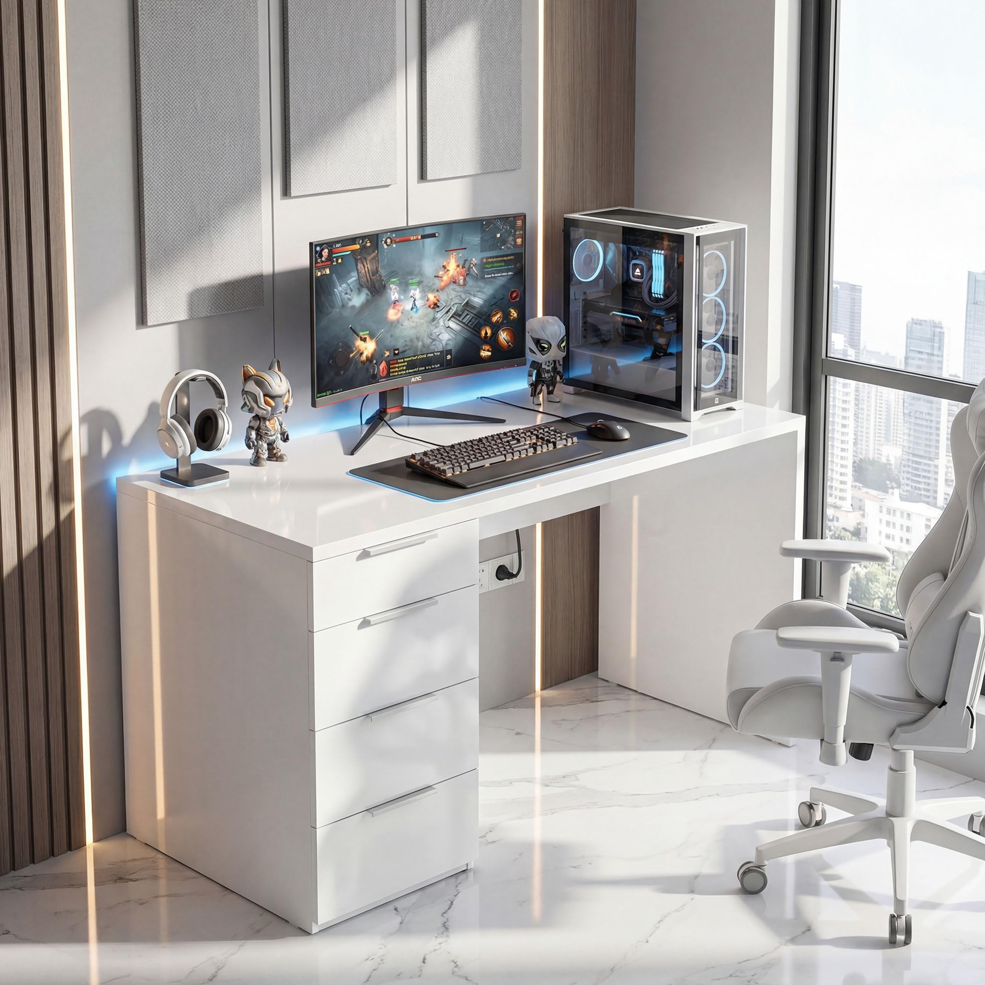 HOMCOM Scrivania Salvaspazio con 4 Cassetti 110x61.5x75 cm Bianco Lucido | Scrivania Moderna, Tavolo Computer, per Casa Studio Camera Ufficio