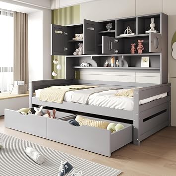 Wooden Day Bed 90 x 200 cm with Large Storage Space Multifunctional Storage Compartment 2 Drawers Under Bed Sofa Bed Daybed Youth Bed Single Bed with Slatted Frame A-Grey