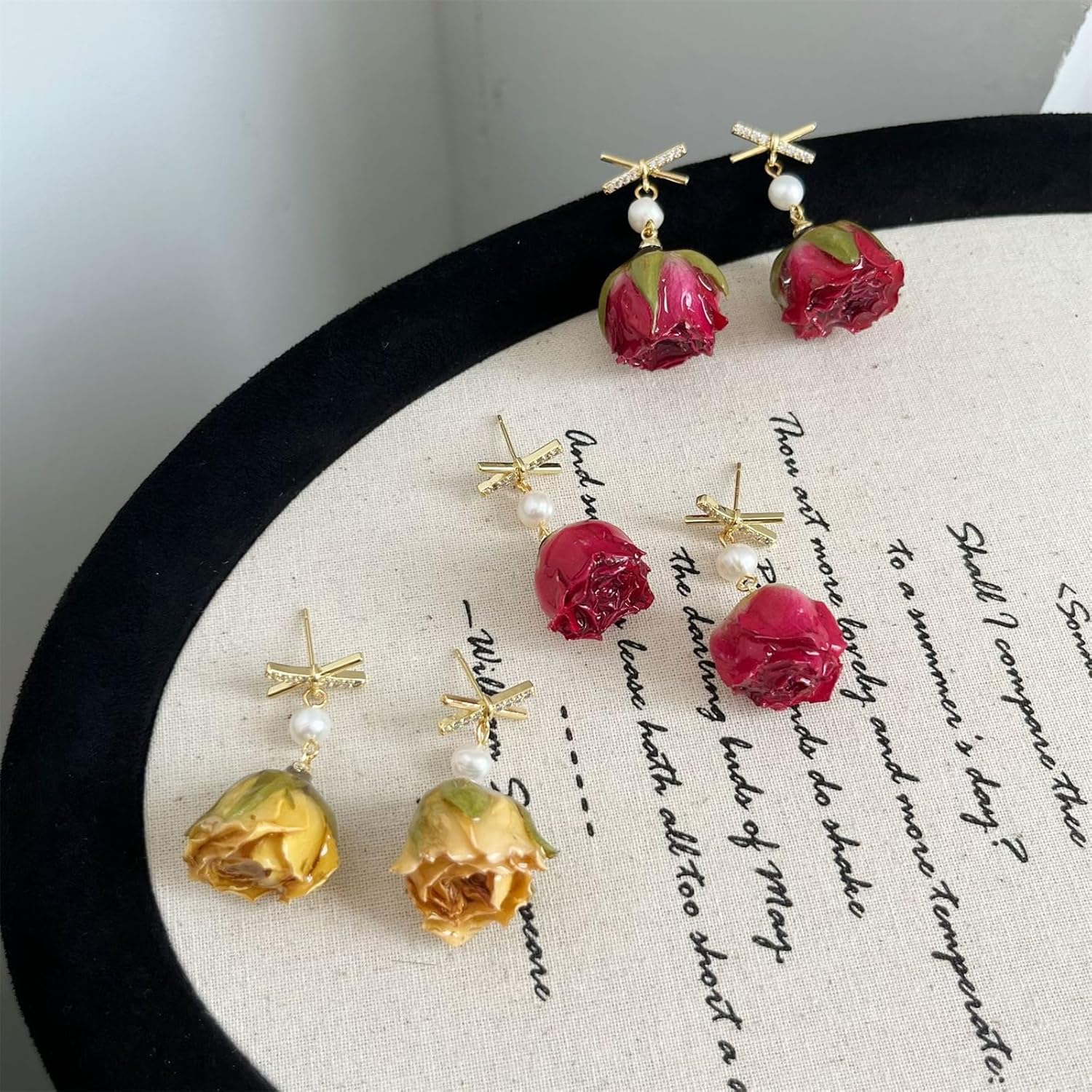 Natural Rose Flower Necklace Earrings Set for Women Handcrafted Resin Casting Red Yellow Flower Necklace Unique Sparkle Rhinestone Bow Pearl Flower Dangle Drop Earrings Valentine's Day Jewelry Gifts - Image 8
