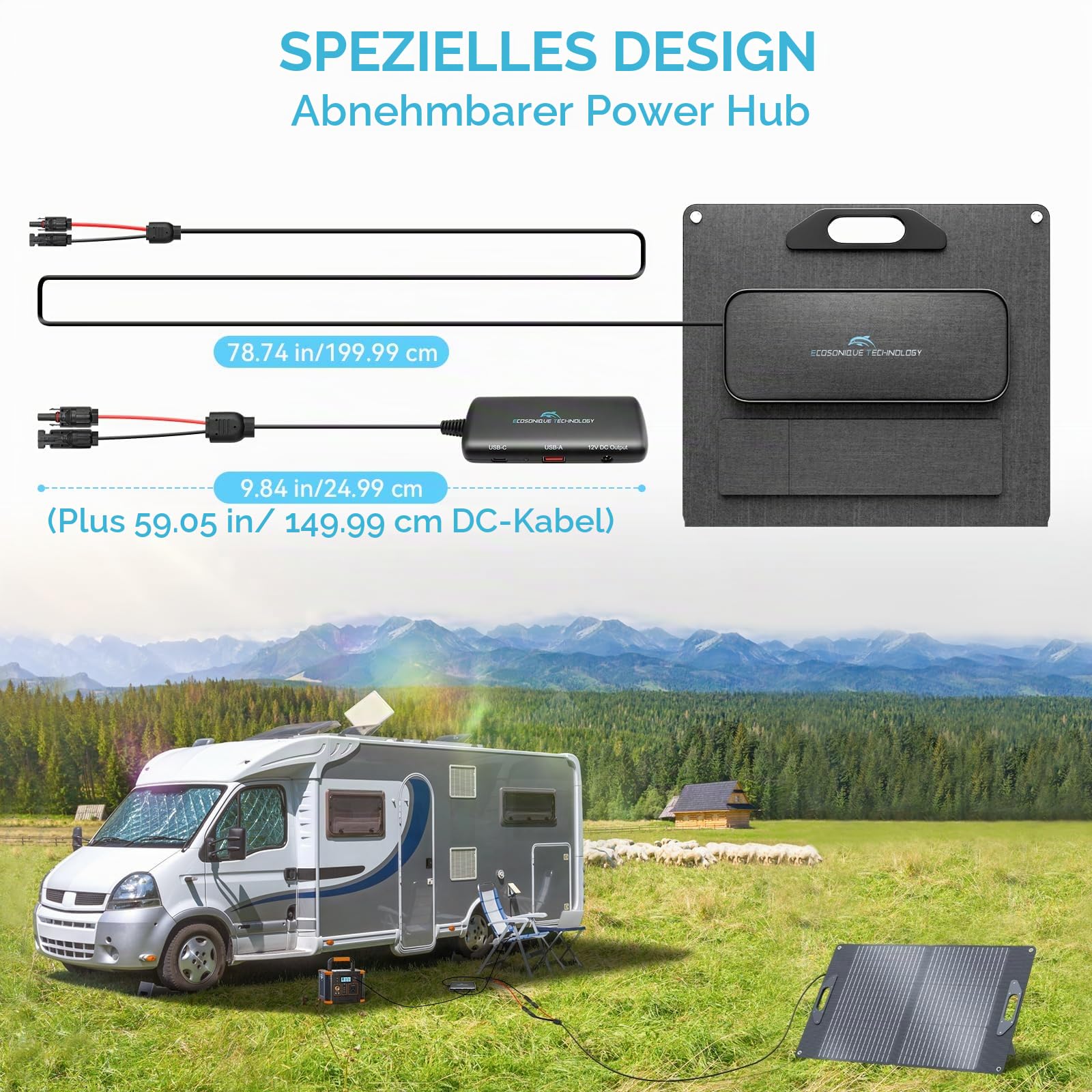Ecosonique 60W Solarpanel mit Abnehmbarem Power Hub, 18V MC-4/12V DC/USB-A & USB-C Solar Charger mit Kickstand, ETFE & Handle Tragbare Solarmodule zum Camping