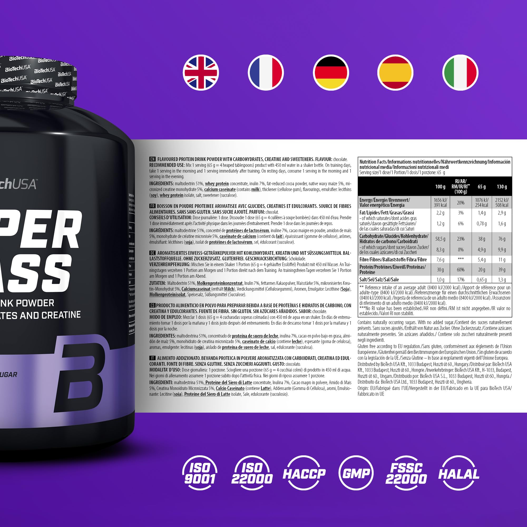 BioTechUSA Hyper Mass | Prise de masse avec mélange de glucides et de protéines | Créatine micronisée | Sans gluten, 4 kg, Chocolat