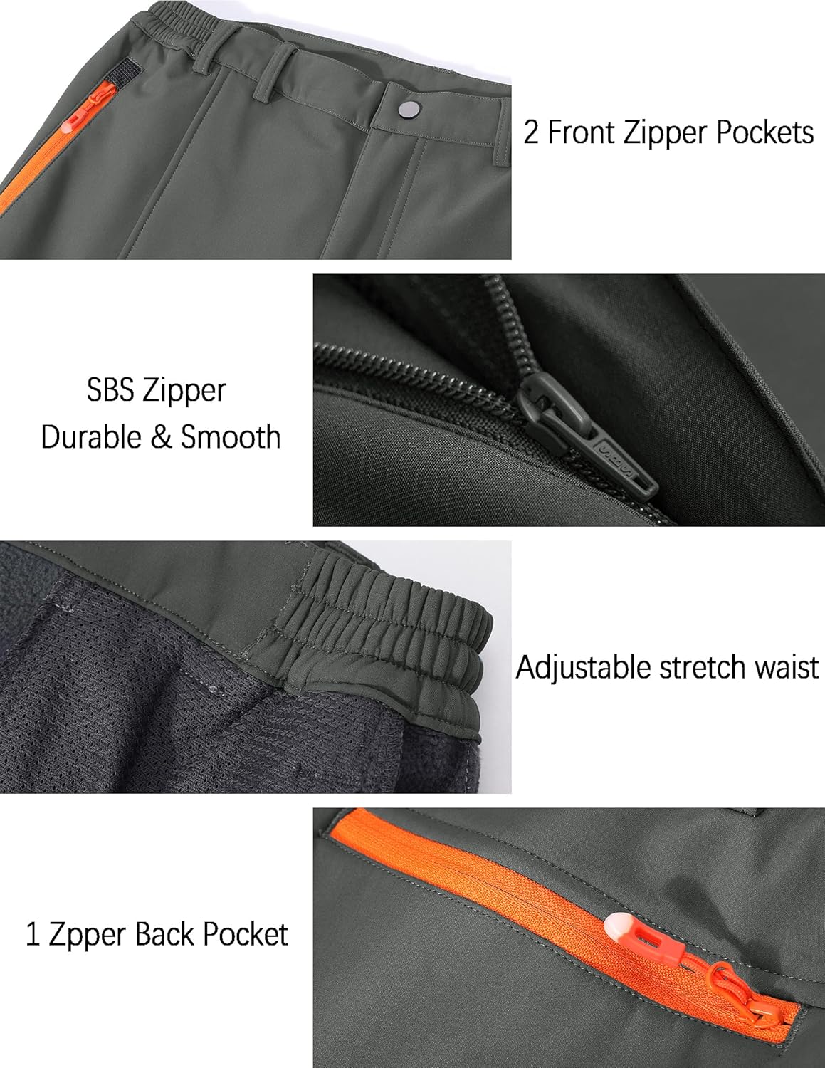 Men's Snow Ski Waterproof Hiking Pants Fleece Lined Softshell Insulated Snowboard Outdoor Work Zipper Bottom Leg