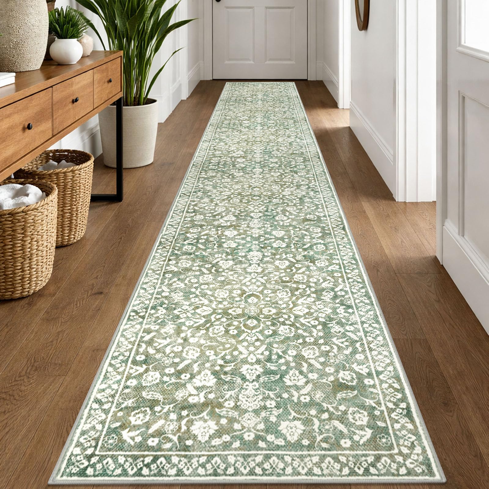 SILOLOOM Vintage Runner Rugs for Hallway 2x12, Sage Green Beige Washable Extra Long Hallway Runner Rug Non Slip, Super Soft Kitchen Runner Rug, Print Faux Wool Floral Thin Carpet Hall Runner โ image 1