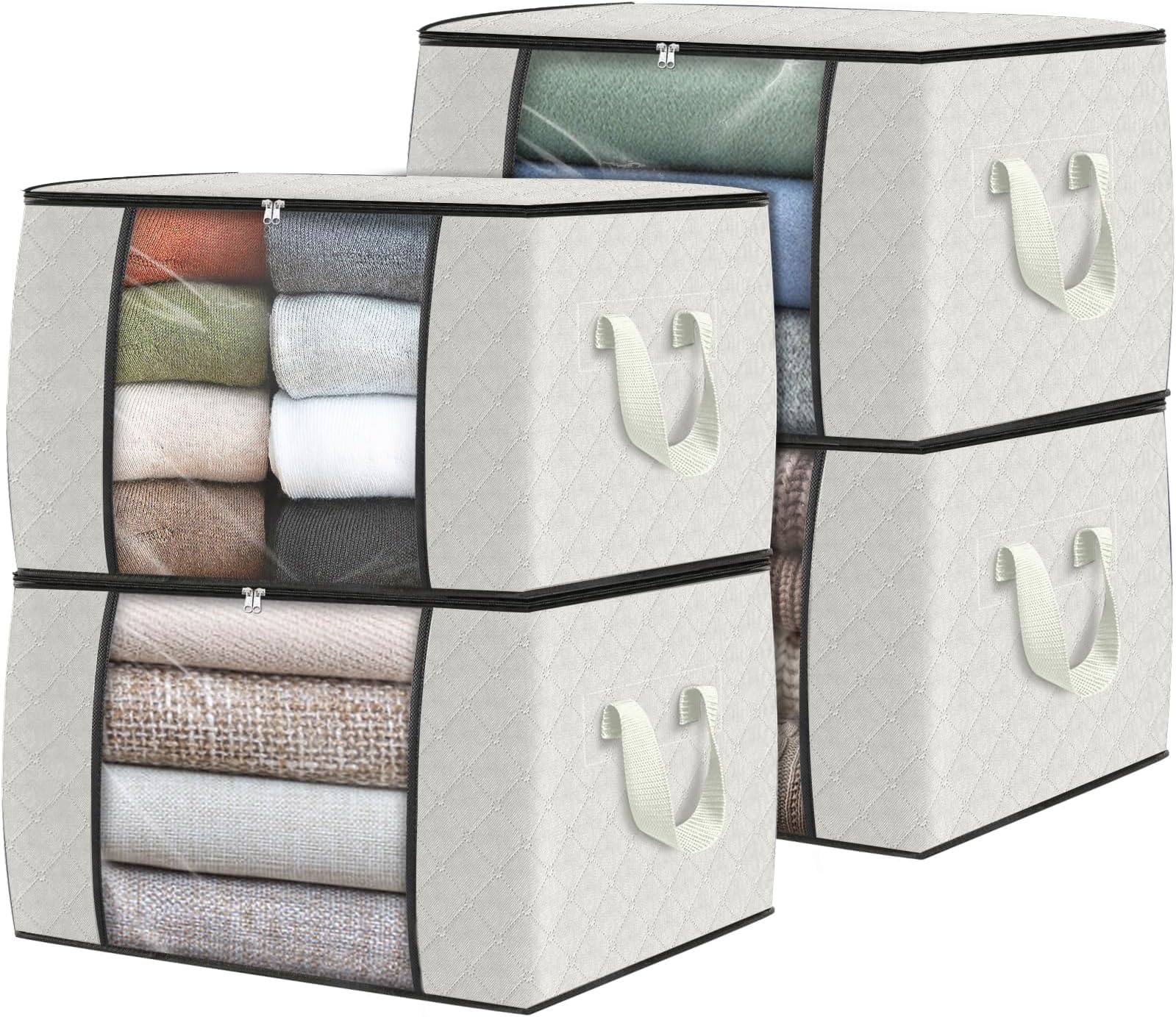 4 Pack Clothes Storage, Foldable Thick Fabric Blanket Storage Bags, Containers for Organizing Bedroom, Closet, Clothing, Comforter,Organization with Handle,Ivory White