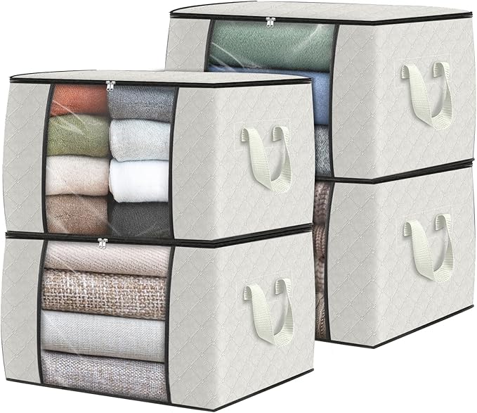 Fab totes 6 Pack Clothes Storage, Foldable Thick Fabric Blanket Storage Bags, Containers for Organizing Bedroom, Closet, Clothing, Comforter, Organization with Handle,Ivory White