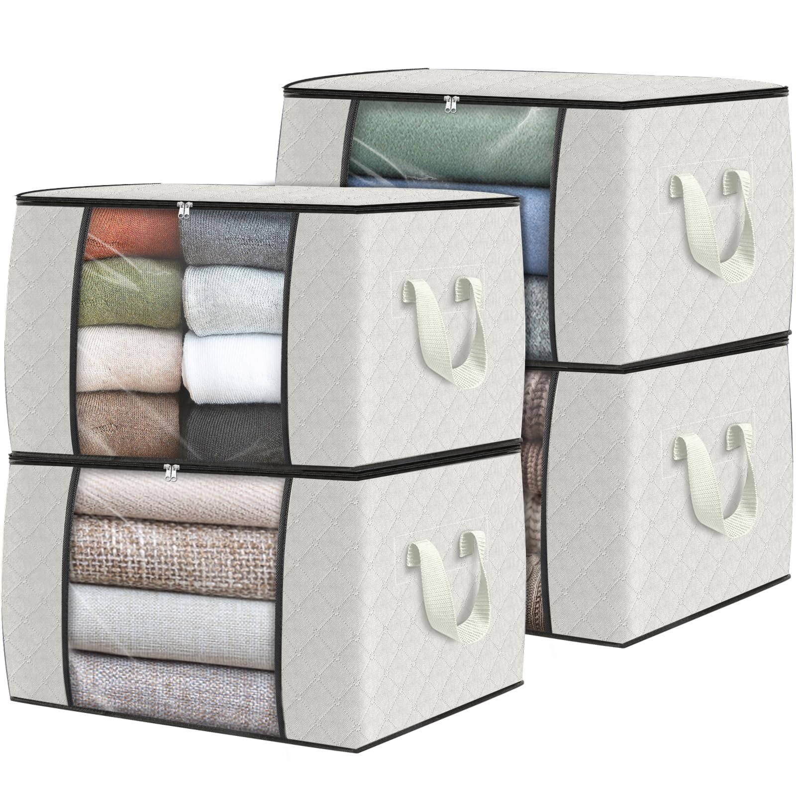 Fab totes4 Pack Clothes Storage, Foldable Thick Fabric Blanket Storage Bags, Containers for Organizing Bedroom, Closet, Clothing, Comforter,Organization with Handle,Ivory White