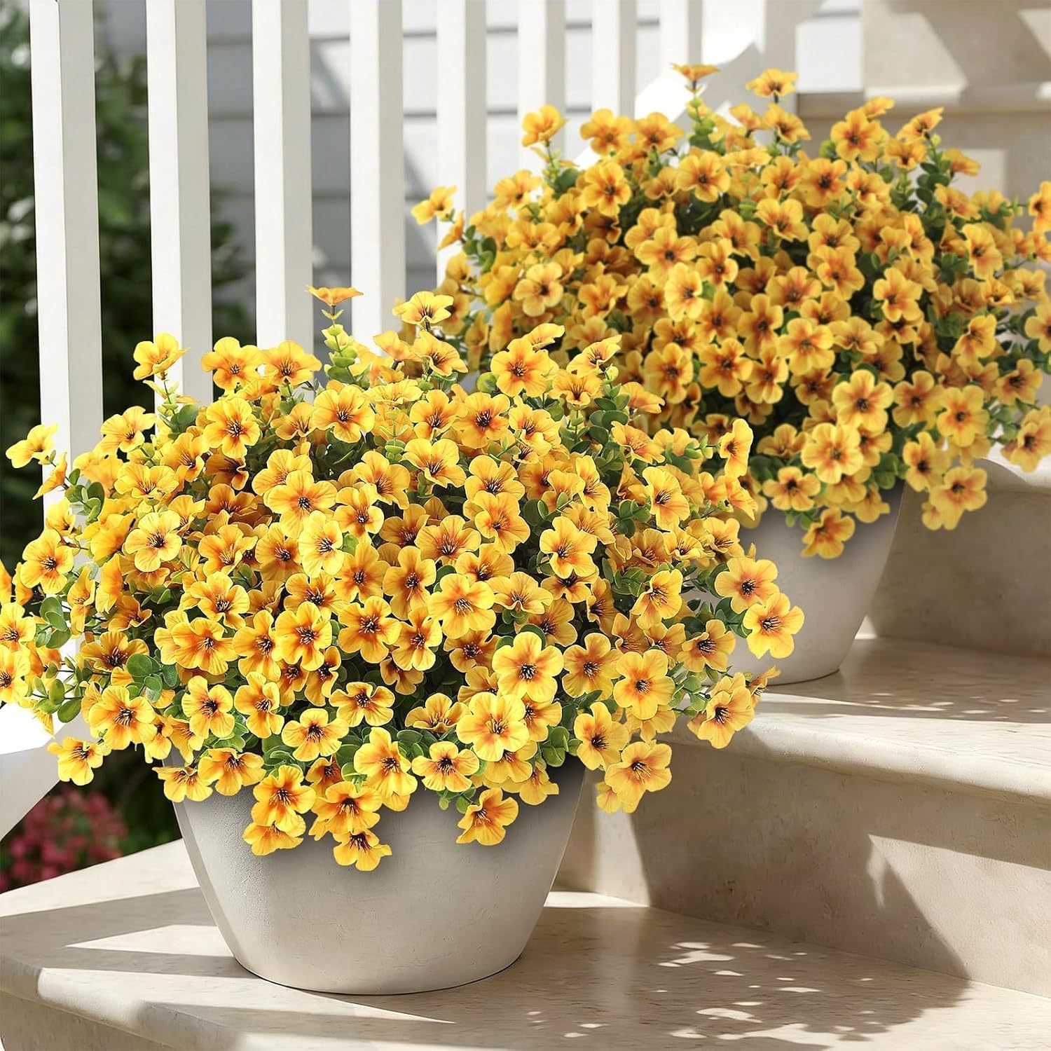 VIERENA 24 Bundles Artificial Flowers and Eucalyptus for Outside, Sun Resistant Silk Fake Morning Glory with Faux Eucalyptus Plants for Garden Porch Farmhouse Home Spring Summer Decor (Yellow)