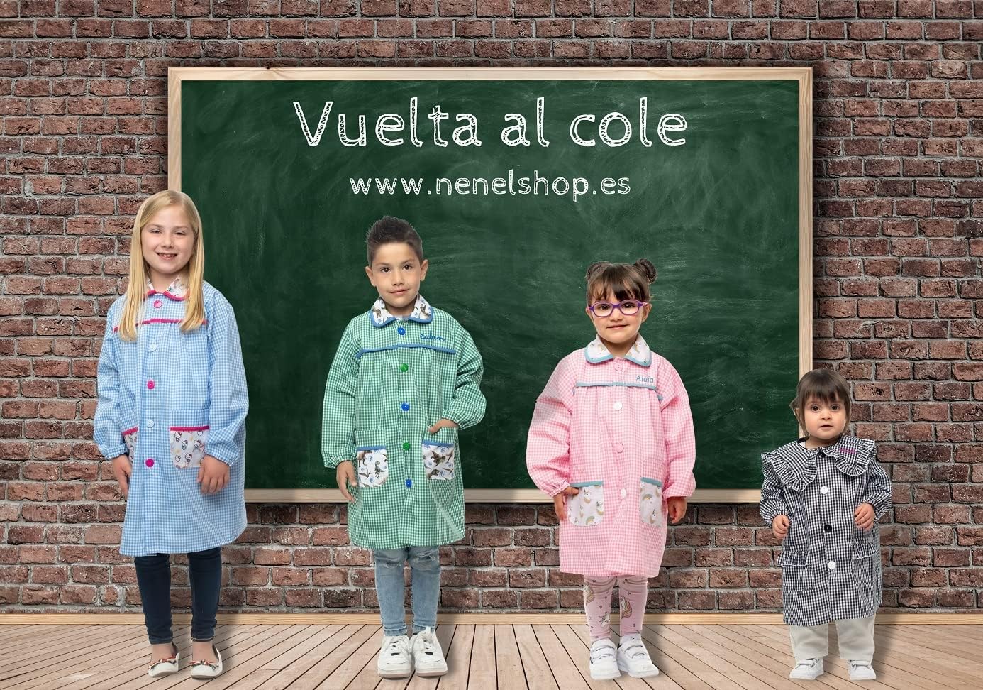 Nenel Conjunto Escolar para Colegio o guardería: Mandilón, babi o Bata Escolar + Bolsa merienda Bordado con el Nombre. Modelo Ratoncitos