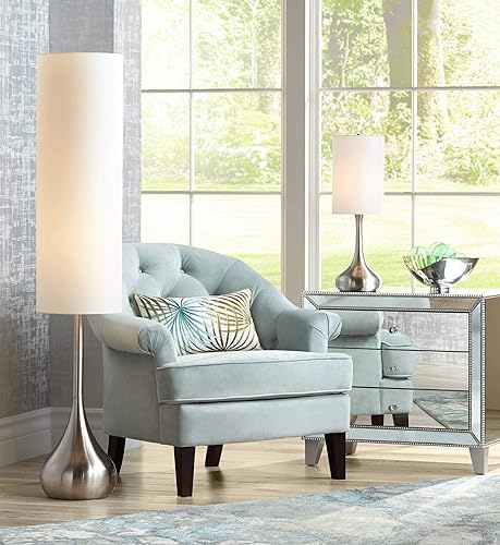 Miniatura 7 de 360 Lighting Lámpara de mesa industrial moderna en forma de gota, de 24.5 pulgadas, níquel cepillado de alto, metal, plata, metal, tela blanca,