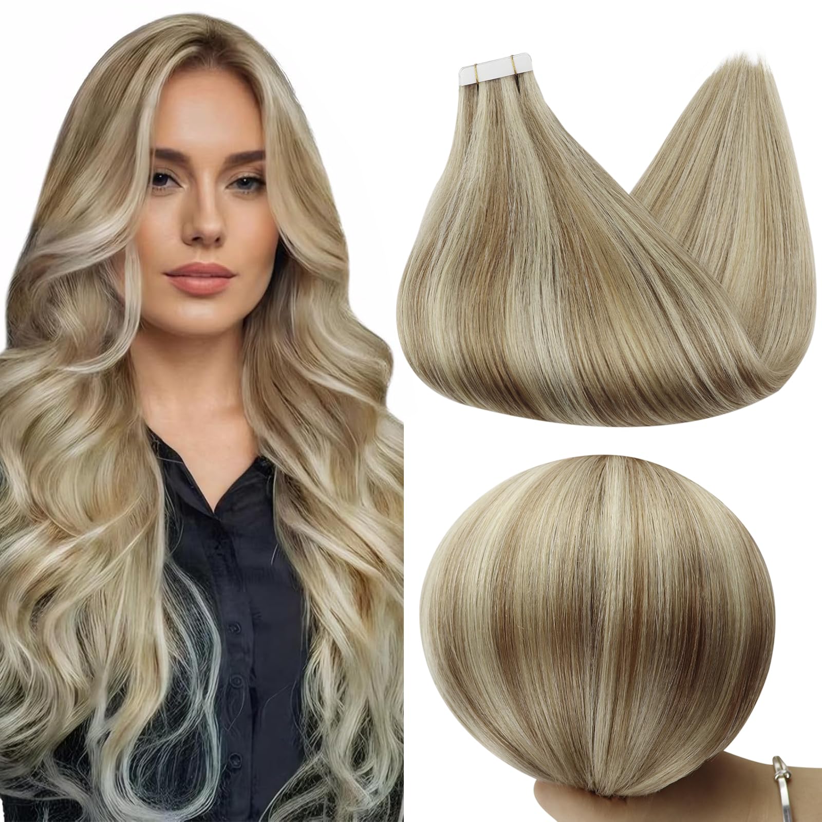 Full Shine Invisible Tape in Hair Extensions Color 16/22 Golden Blonde And Medium Blonde Remy Tape in Extensions Human Hair 20Inch Seamless Hair