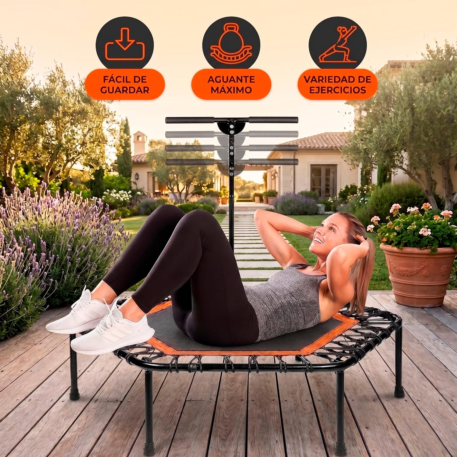 Cama Elástica Fitness con Manillar, Trampolín Plegable, Altura Ajustable, Diámetro 95cm, Instalación Fácil, Mango Ajustable en 5 Niveles, Jump Fitness