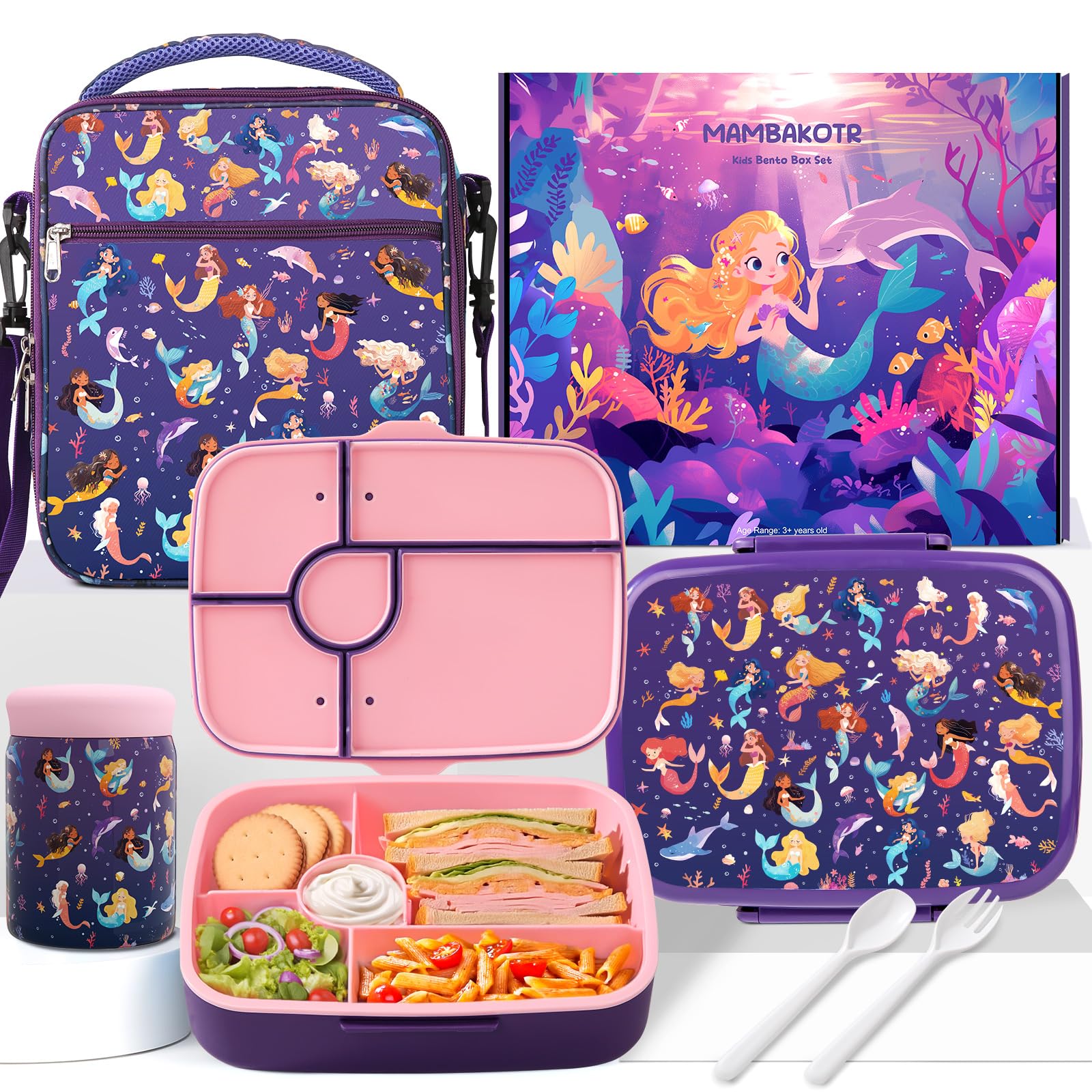 Kids Bento Lunch Box with Thermo Leak-Proof Snack Lunch Container with Insulated Lunch Bag Utensils Set Back to School Supplies Gifts for Boys and Girls Toddlers Kindergarten Lunch Accessories Purple