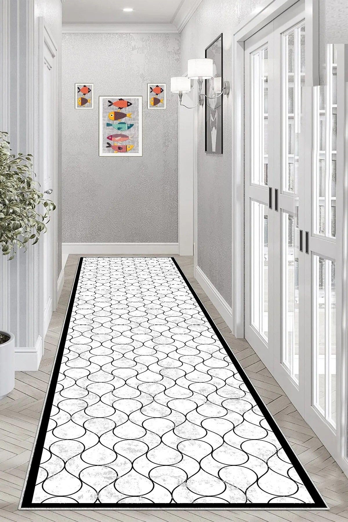 Pelangi Geometrik Desenli Siyah Beyaz Dijital Baskı Yıkanabilir Kaymaz Taban Salon Halısı ve Yolluk, Siyah-Beyaz 80 x 350, 9554852803507