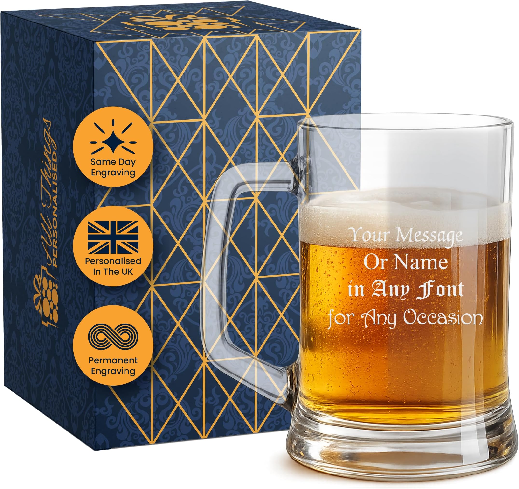 – Personalised Engraved Glass Beer Stein, Personalise with Any Message for Any Occasion, Stylize with a Variety of Fonts, Laser Engraved, Gift Box Included