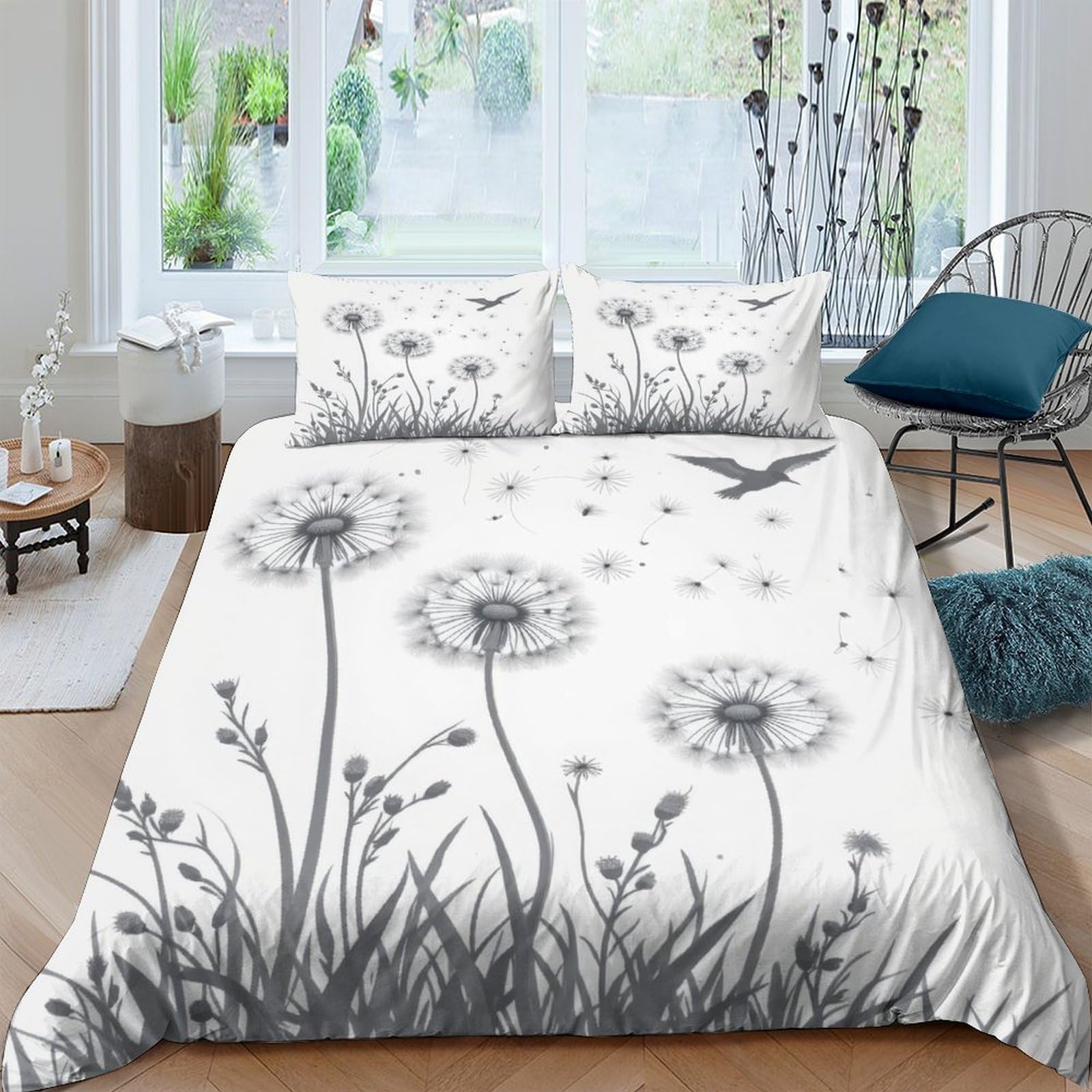 GPLZQXKJNH 3D Printed Dandelion Meadow Duvet Cover Microfiber Soft Breathable Swallow Bedding Set with 2 Pillowcases for Bedroom Home Single（135x200cm）