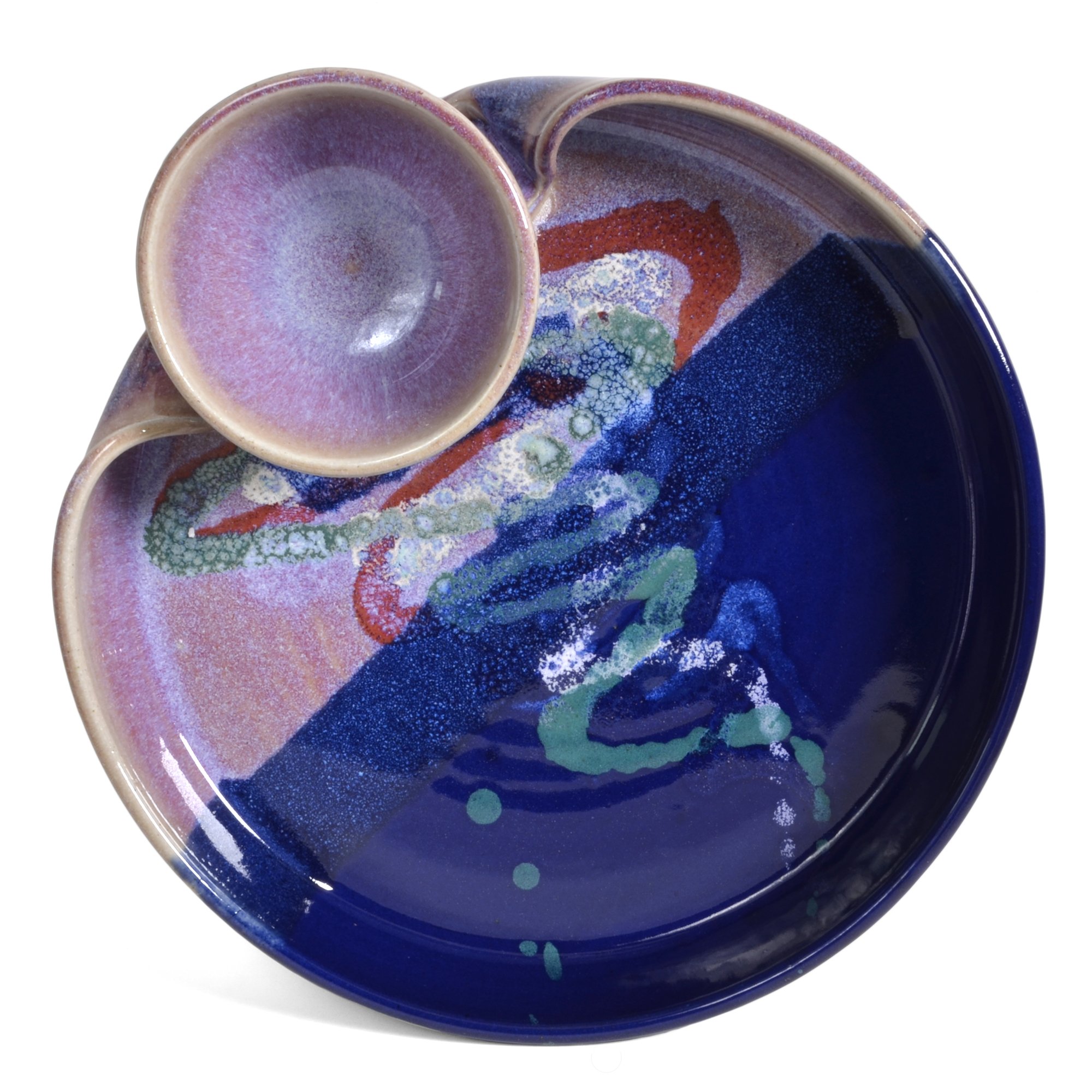 Chip and Dip Platter, Handmade American Pottery, Mauve/Cobalt