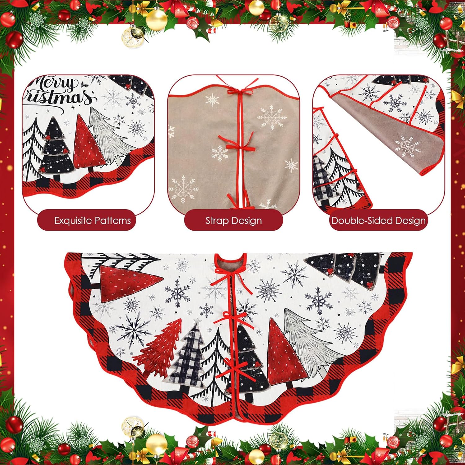 Christmas Tree Skirt 48 Inch Burlap Red Black Buffalo Plaid Xmas Tree Skirt for 6ft to 7.5ft Double Sided Design for Winter Holiday Indoor Outdoor Decorations(Merry Christmas)