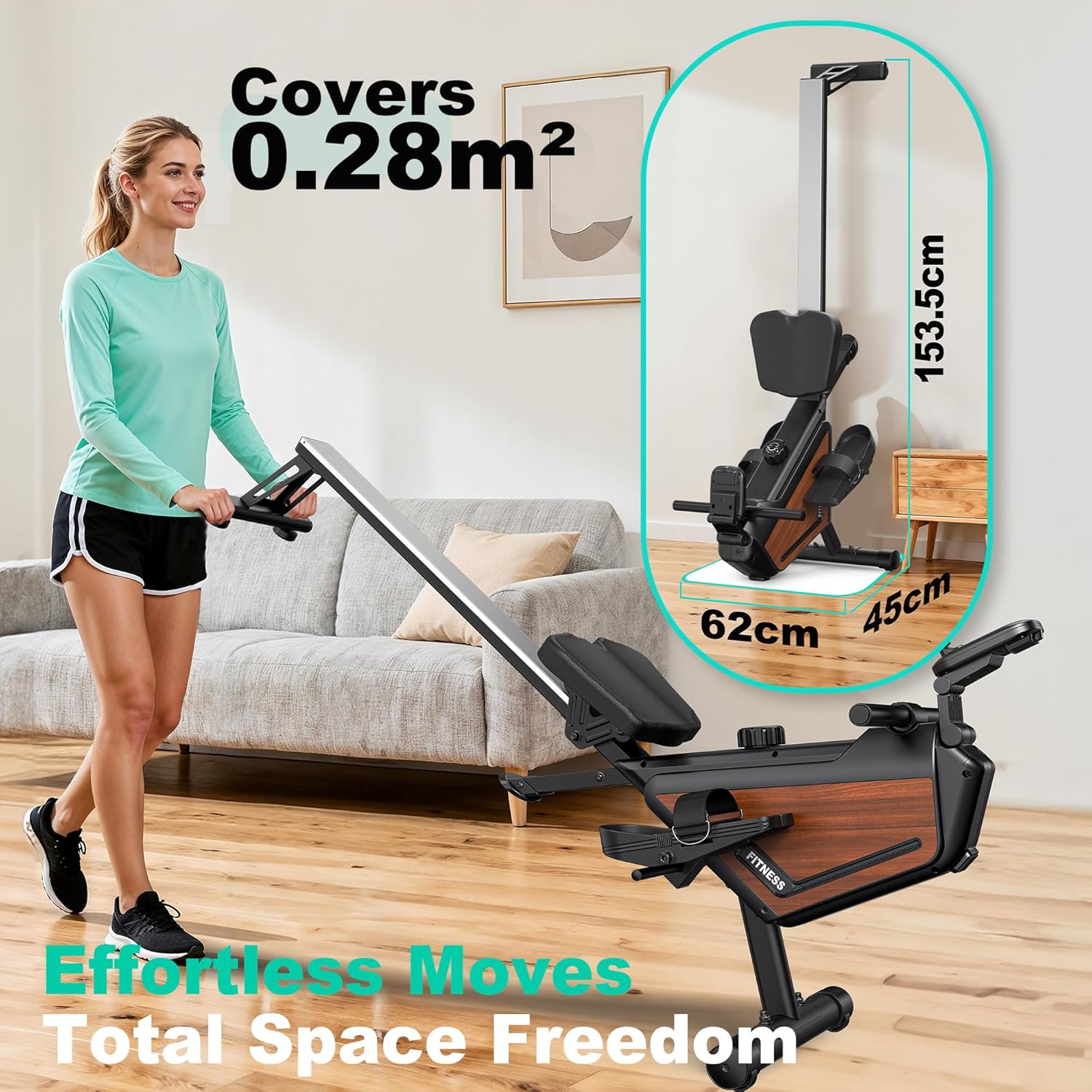 Rowing Machine Magnetic Rower with 16 Resistance Levels, Quiet Home Rowing Machine for Cardio Training, APP Connection, 160 kg Load Capacity, Vertical Storage