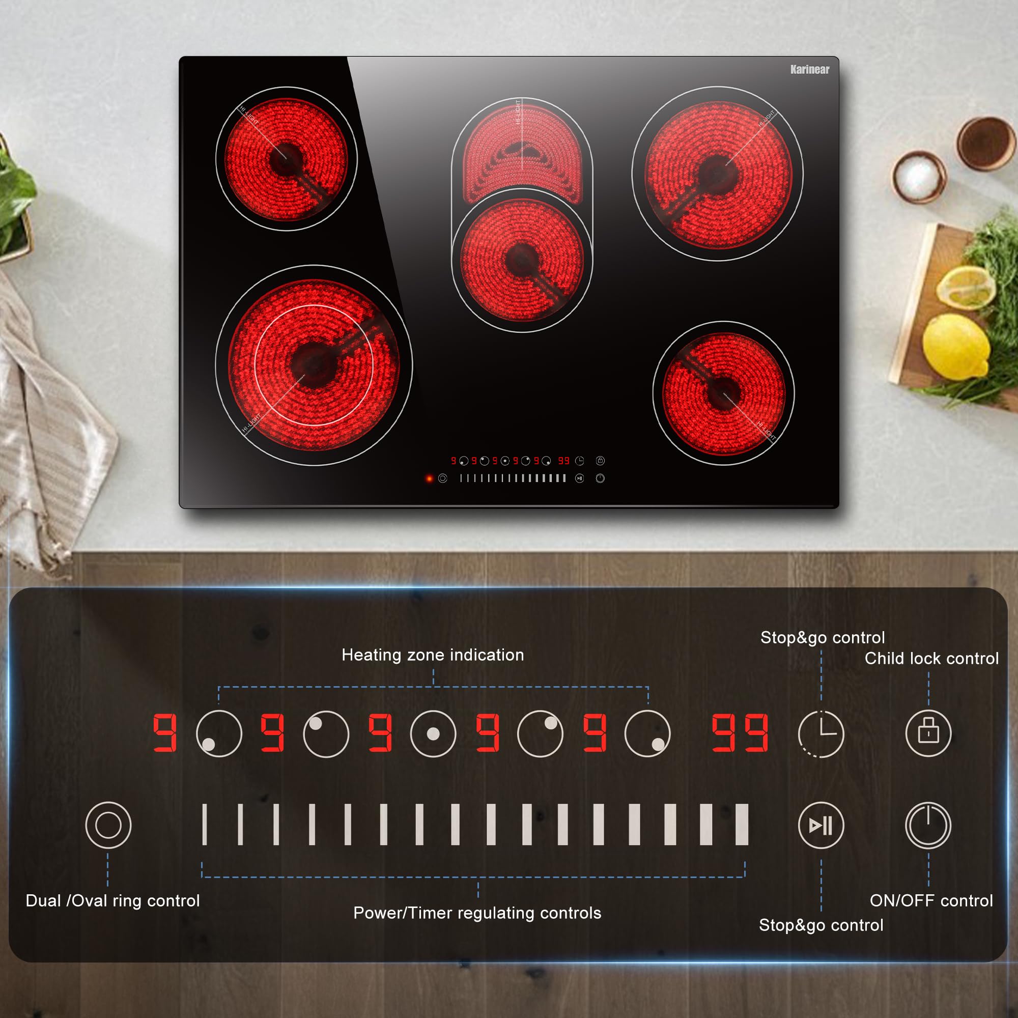 Karinear Ceramic Hob, 5 Zone Ceramic Hob 77cm Built-in Electric Hob, 8400W Power with Oval Zones for Barbecue Tray, Touch Control, Child Lock, Timer, Pause — view 3