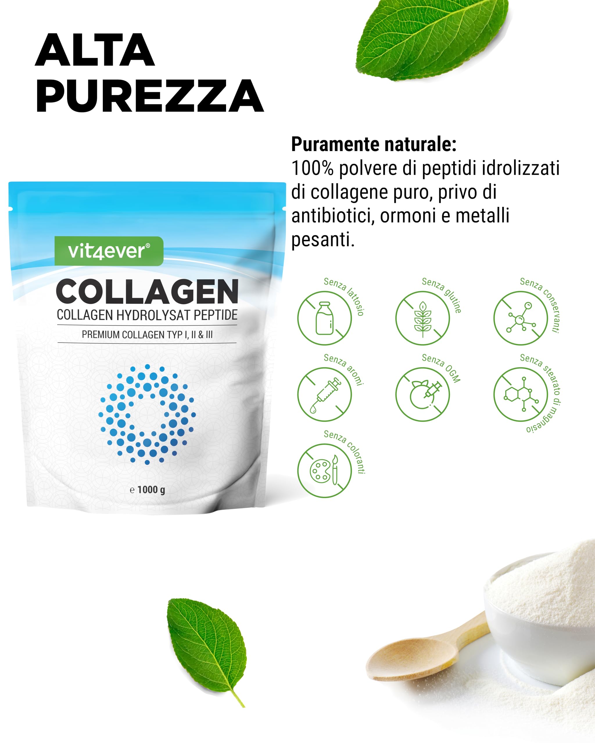 Collagene in Polvere 1000 g - 100% Peptidi idrolizzati di Collagene Bioattivo - Collagene di Tipo 1, 2 e 3 - Sapore Neutro - Senza additivi