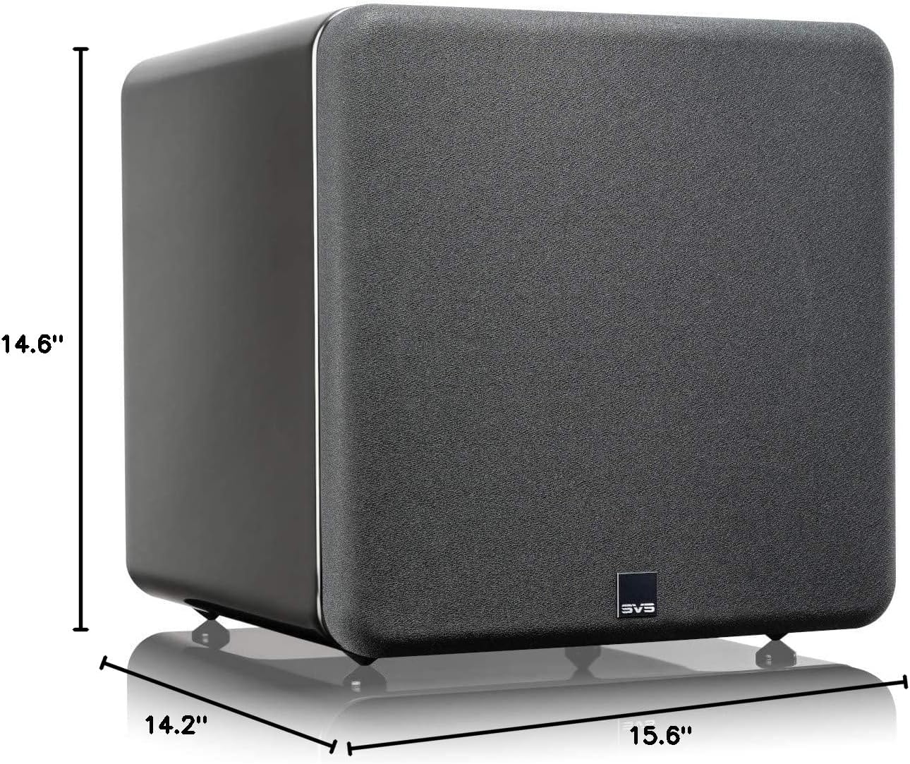 Dimensions of the SVS SB-2000 Pro Subwoofer showing height 14.6 inches, depth 14.2 inches, and width 15.6 inches.