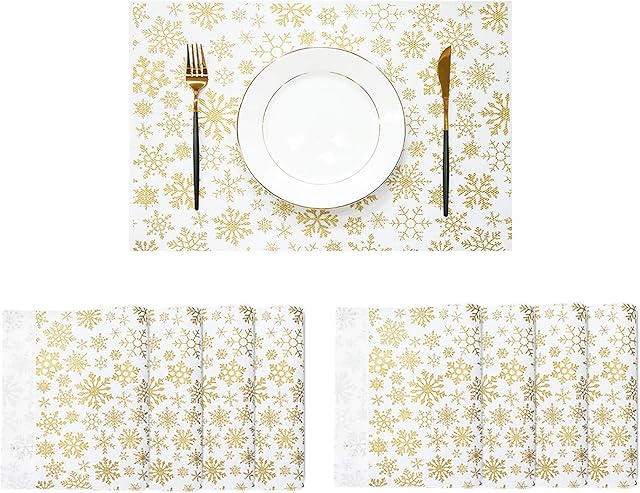 JUJIN Christmas Placemats Set of 8 Non-Slip Washable PVC Heat Resistant Table Mats for Dining Table Christmas Gold