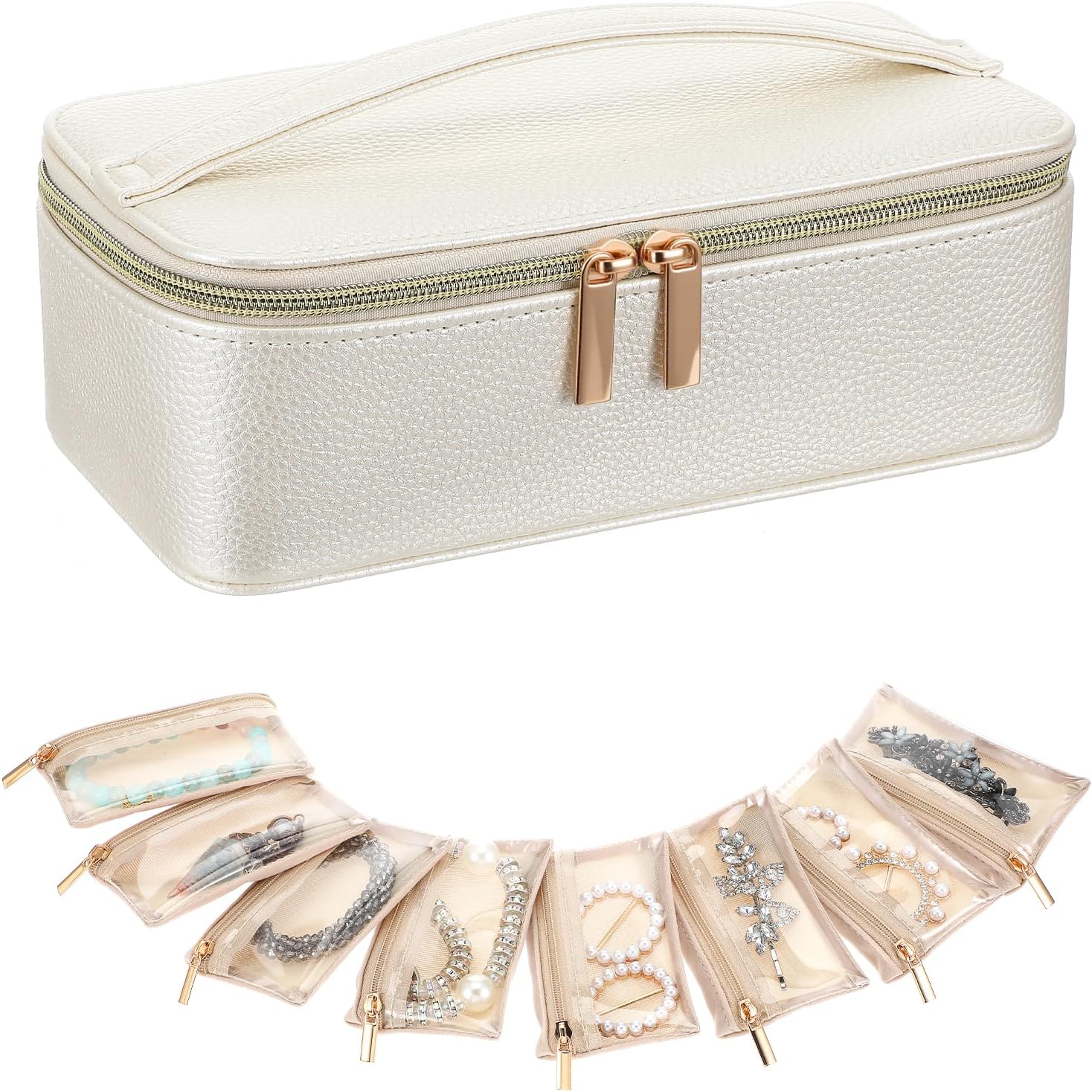 Small Jewelry Travel Case with 12 Velvet Pouches, Travel Jewelry Bag Organizer with Handle for Women Girls, Compact Jewelries Box for Earrings, Bracelets, Necklaces and Rings (White)