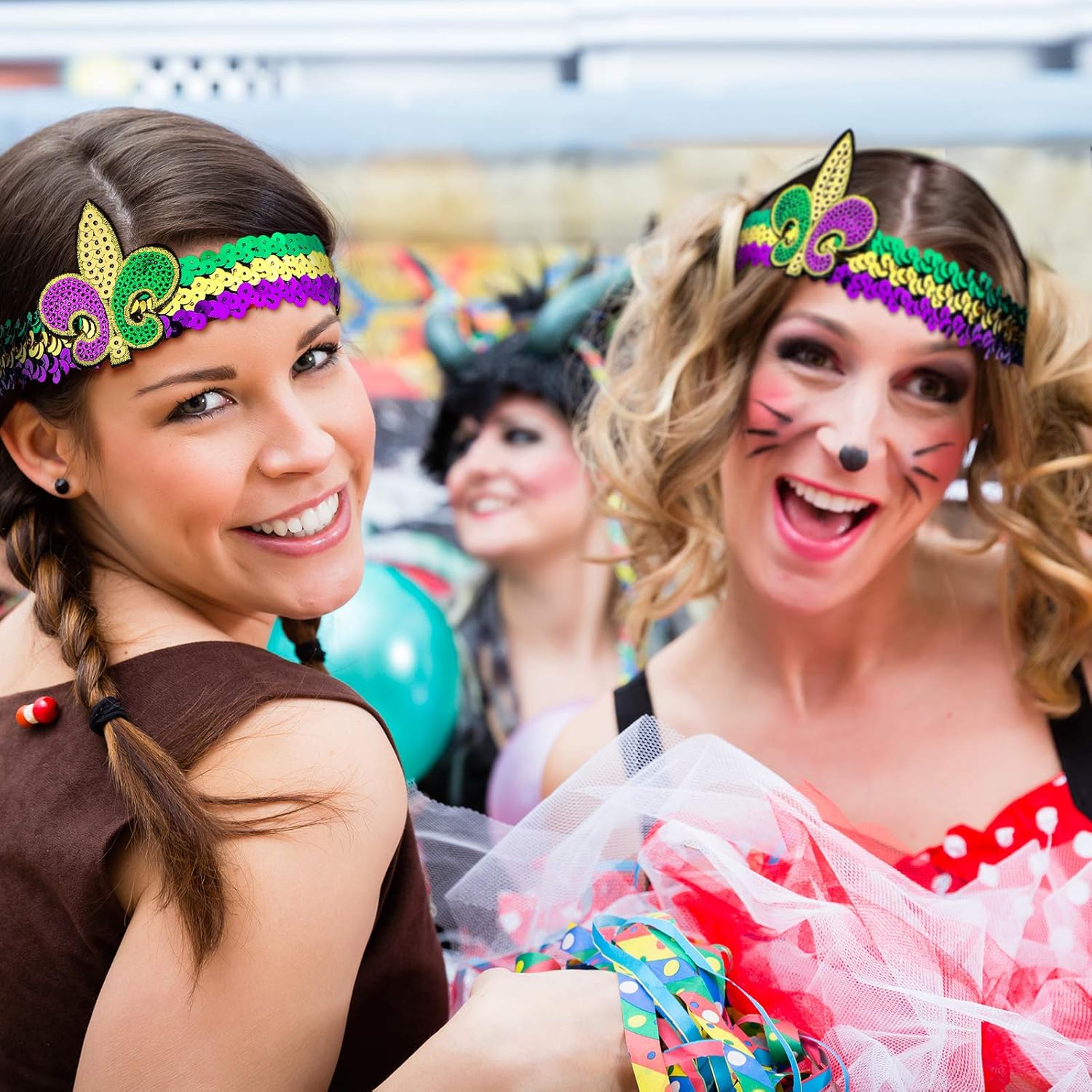 Chuangdi 3 Pieces Mardi Gras Headband Sequin Fleur De Lis Mardi Gras Accessories Fascinator Headpiece Hair or Hat Band for New Orleans Purple Yellow Gold Green Accessories for Carnival Party Costume - Image 5