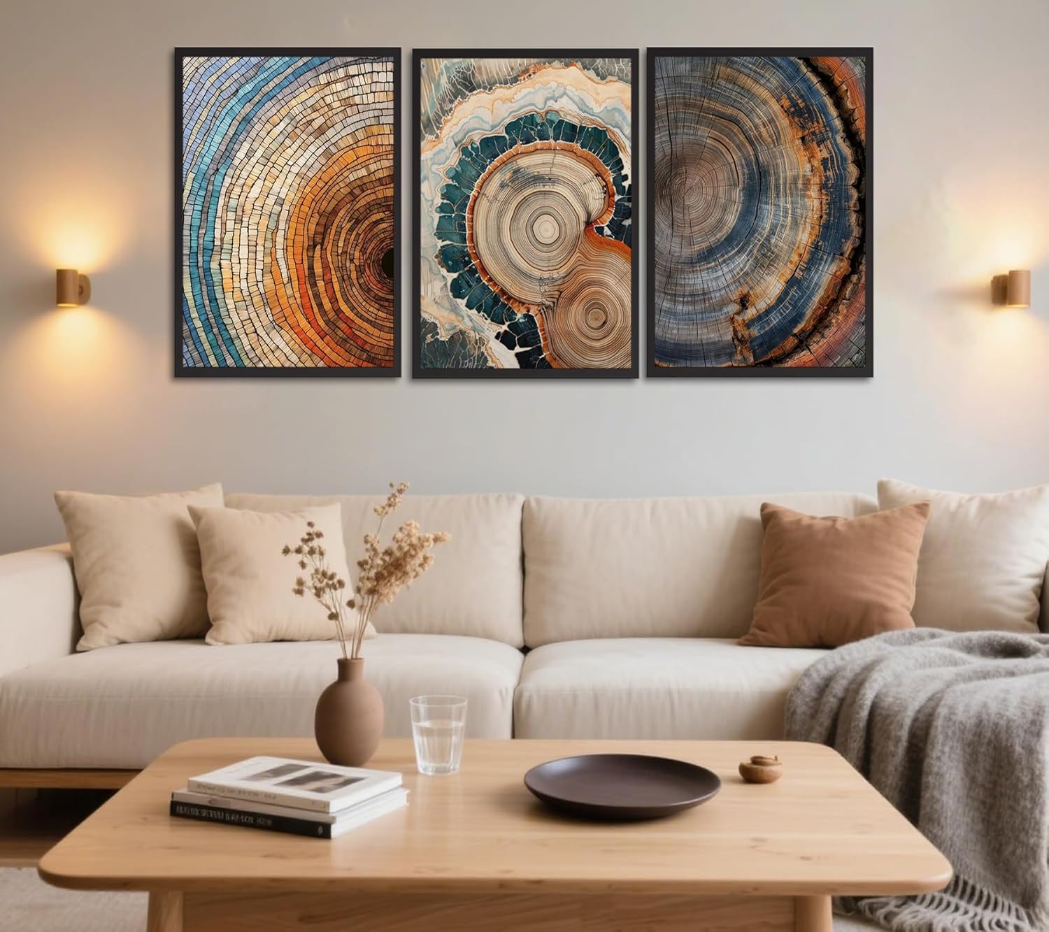 3Pcs Vintage Tree Rings Canvas Wall Art Nature Wood Stump Posters Artwork Modern Annual Rings Texture Painting Pictures Wall Decor for Living Room Bedroom Bathroom Home Decoration 16x24In Unframed