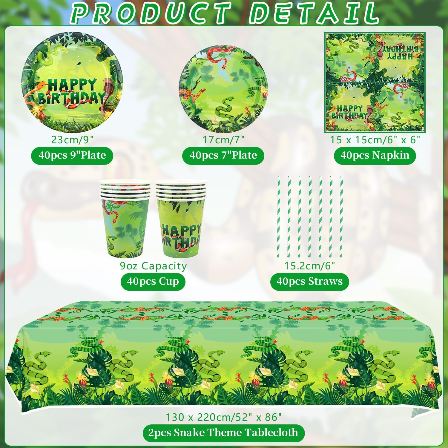 KEFAN Snake Birthday Party Decorations, Snake Theme Party Tableware Supplies including Plates, Cups, Napkins, Tablecloth, Serves 40 (40)
