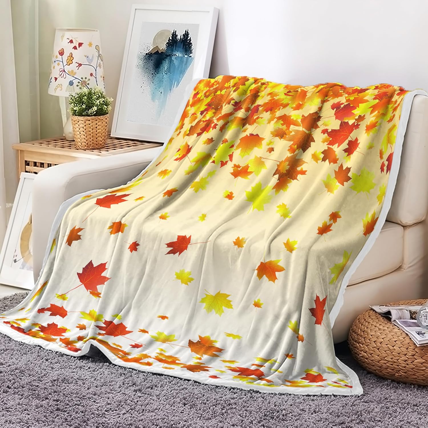 Fall Throw Blanket, Soft Warm Fall Decor Maple Leaf Autumn Leaves Halloween Decor Fleece Fuzzy Picnic Throw Blanket for Couch Sofa Chairs, Cute Holiday Orange Leaf Blankets and Throws for Home
