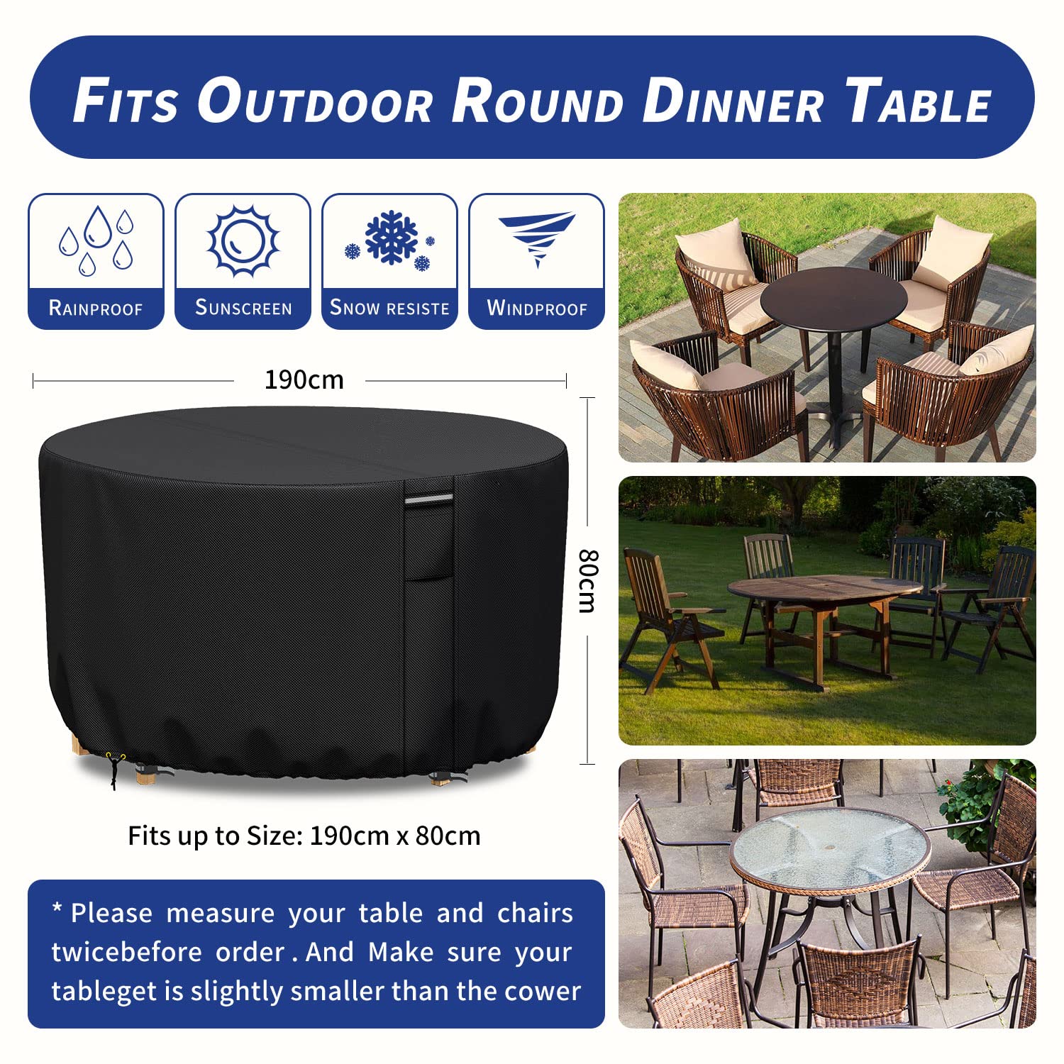 RICHIE Gartentischabdeckungen Rund Mit Lüftungsschlitzen, 600D Oxford Gewebe 190x80cm Runde Patio Set Tischabdeckung, Gartenmöbel Set Abdeckung Wasserdicht, Winddicht, Anti-UV, Schwarz