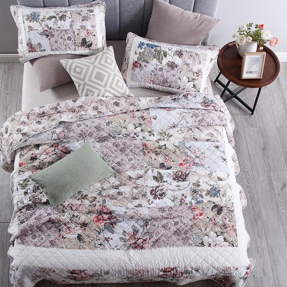 Cotton Bedspread Quilt Bedding Sets 3 Pieces Reversible Coverlet Sets Comforters Vintage Floral Patchwork White Bedspread, Queen Size - Image 3