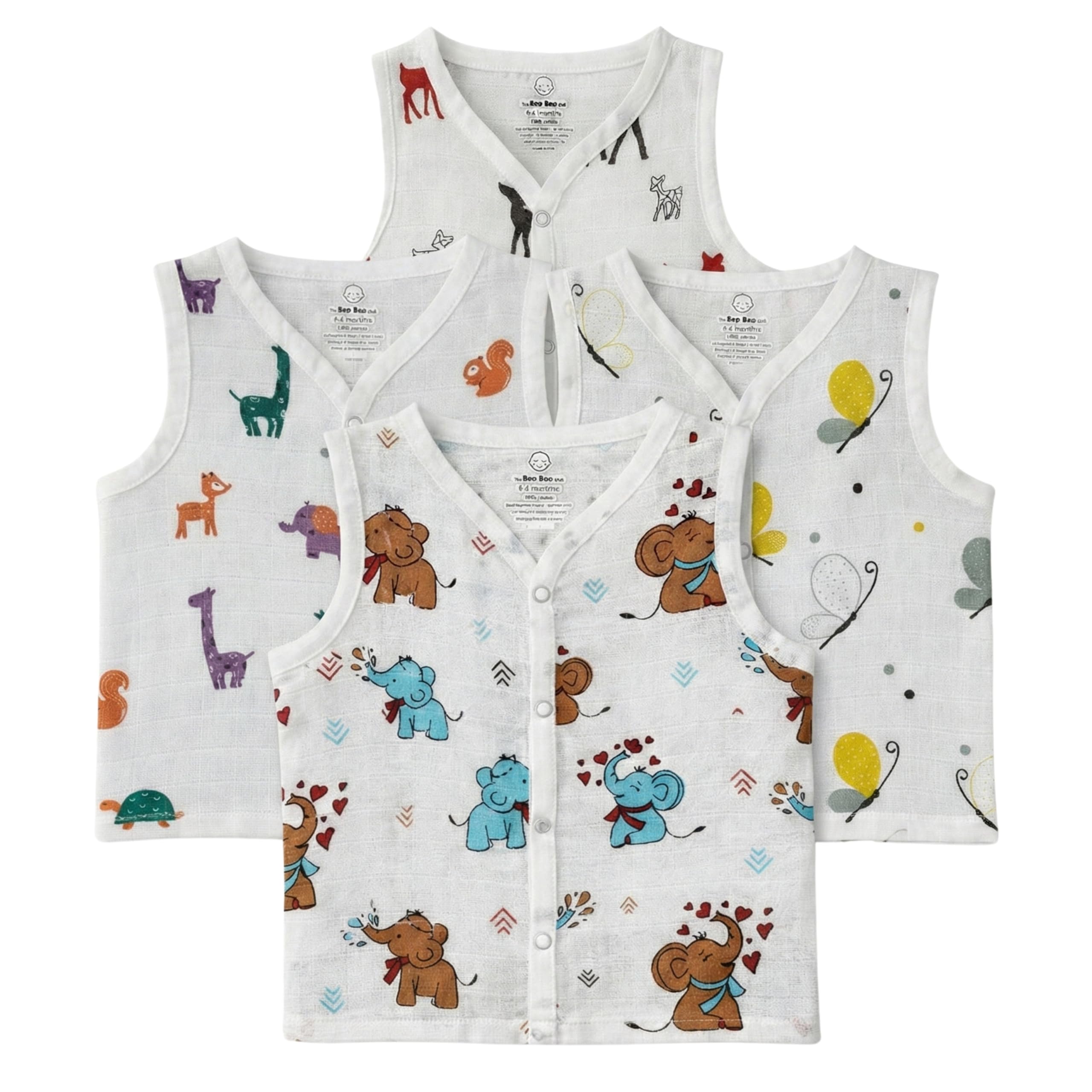 The Boo Boo Club GOTS Certified Organic Muslin Cotton Button Jabla | Pack of 4 White Colour Animal Printed Jhabla| 0 to 3 Months Baby | Summer Wear Jabala for Baby | Sleeveless Regular Fit Vest-picture-23