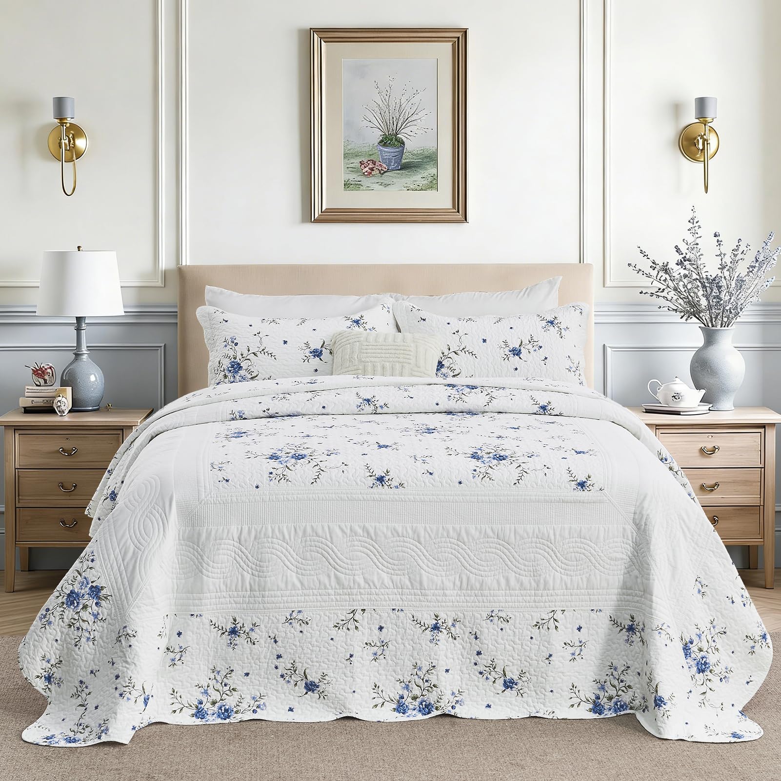 Photo 1 of Oversized King Bedspreads 128x120 Extra Wide - Farmhouse Floral Printed Scalloped Edge Reversible California King Quilt Sets Oversized, 3PCS Lightweight Thin Comforter, Cal King, Blue/Green/White