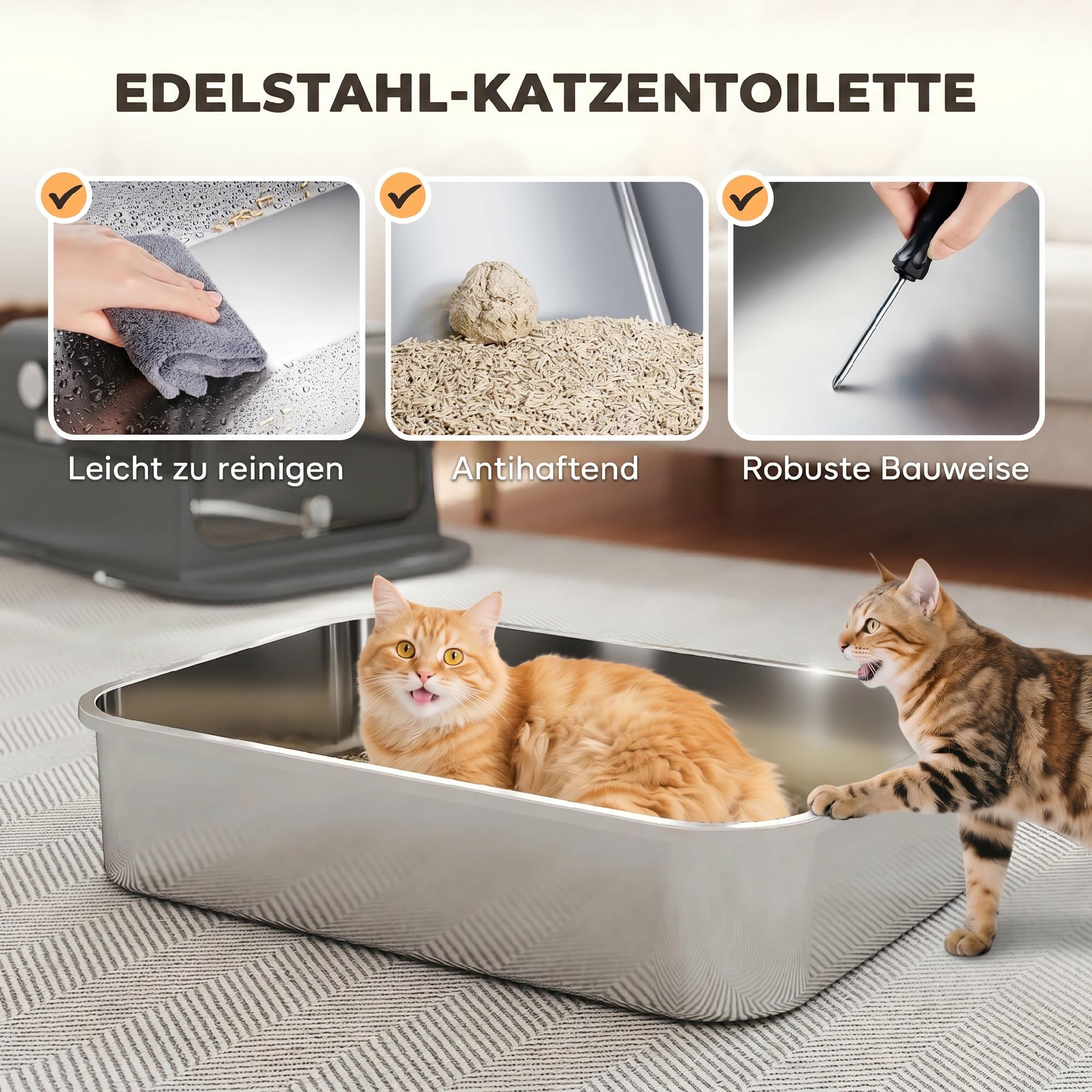 PawHut Kuweta XXL stal nierdzewna z pokrywą 52L dla dużych kotów Czarny | Kuweta wielokotowa, podwójne drzwi, łopatka, wysokie krawędzie, antyprzeciek, zapachoodporna, łatwe czyszczenie
