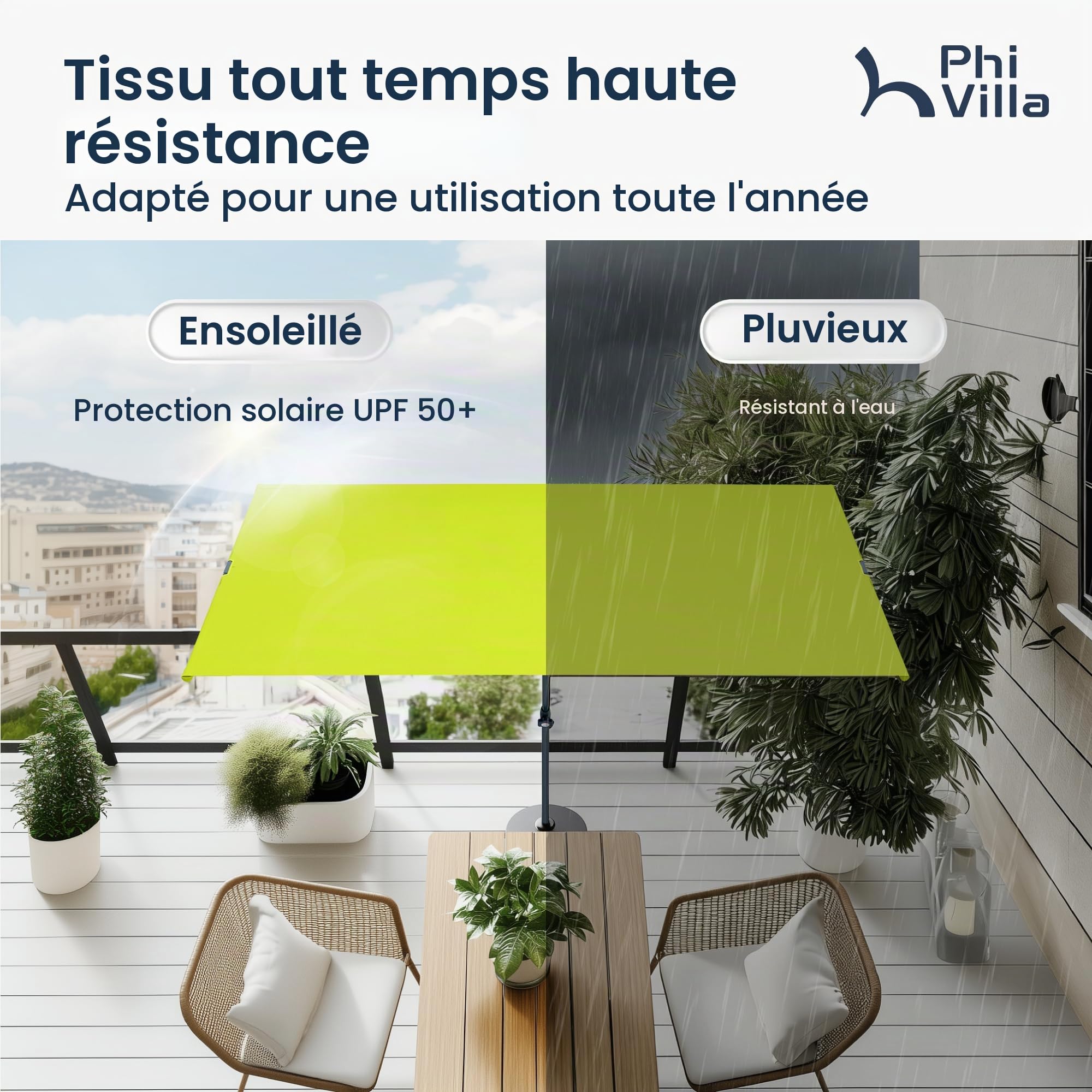 PHI VILLA Parasol de balcon rotatif à 360 ° - 180 x 130 cm - Avec housse et pince - En aluminium - Réglable en hauteur - Résistant au vent - Stable à emporter - Protection UV50+ - Pour balcon