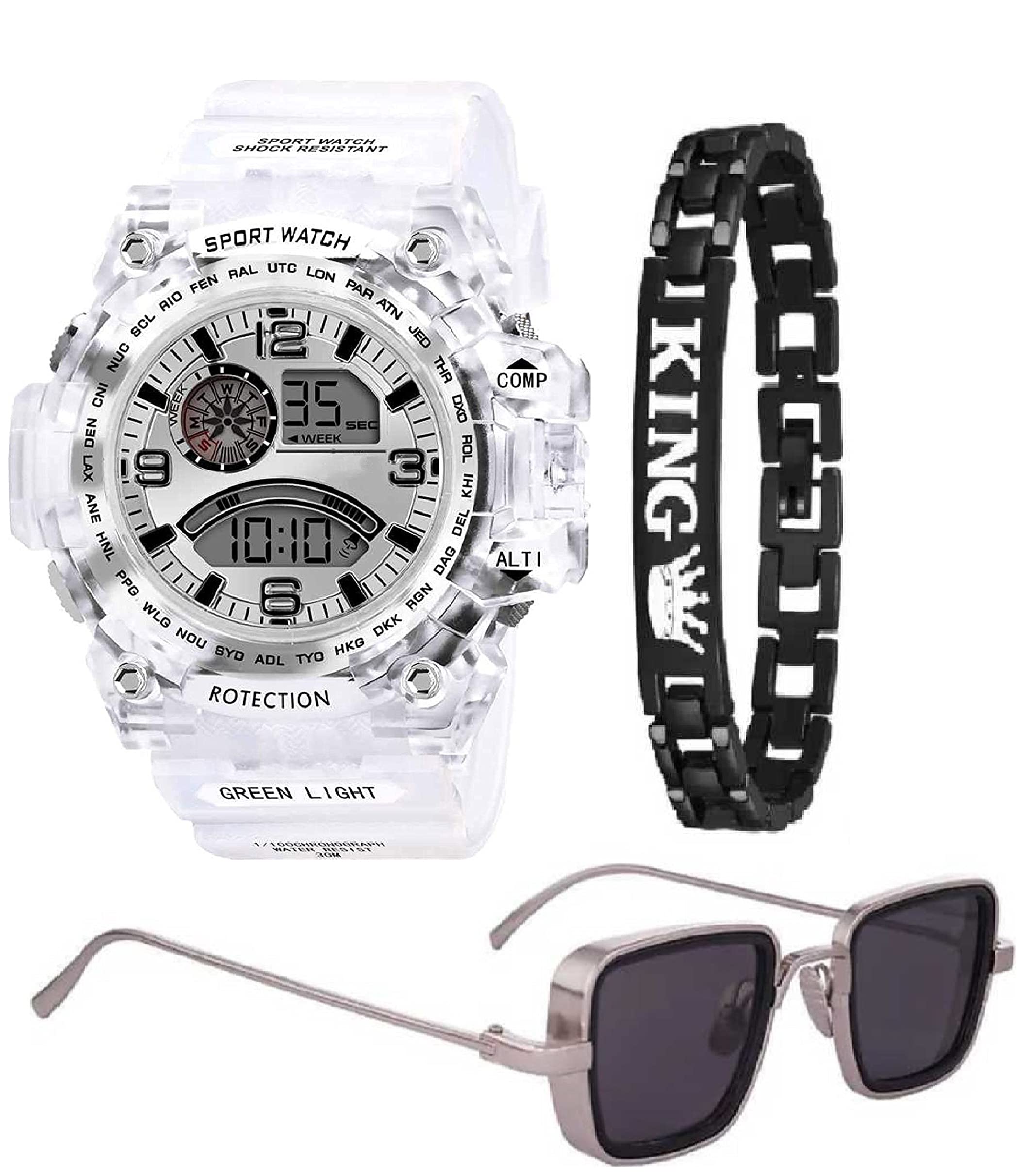SELLORIA A Brand A Boys White dial Combo Pack of Black digial Stainless Steel Watch with Sunglass with Black King Bracelet Combo Set for Men Digital-Watch - for Boys (B09D9ZJXS7) Amazon Price History, Amazon Price Tracker