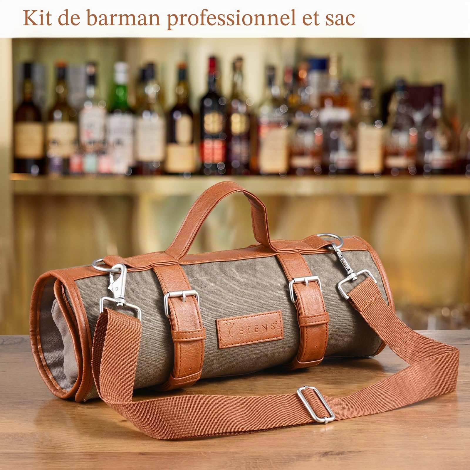 Etens Ensemble de barman de voyage – Set de bar de 22 pièces, set à cocktail avec ustensiles de bar en acier inoxydable et sac en toile cirée – Set de barman, accessoires de bar avec shakers Boston