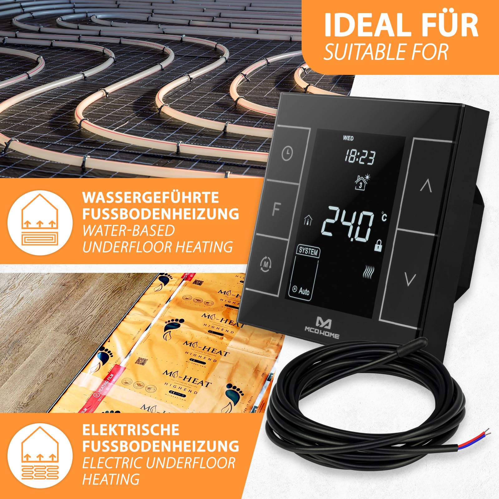 MCO Home Z-Wave MH7H-EH - Termostato para calefacción por suelo radiante y calefacción por infrarrojos, compatible con Z-Wave, color negro