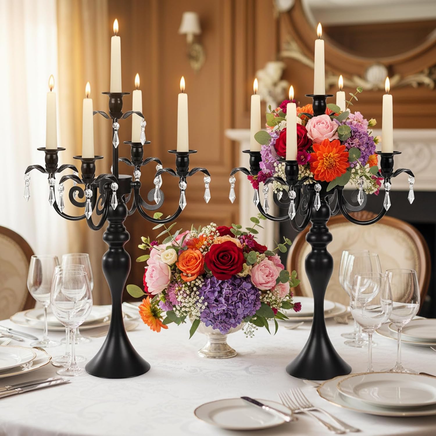5-Arm Candle Centerpieces for Tables: Black Metal Candle Holders for Wedding Decor, Vintage Candelabra Centerpieces, 20.3" Tall Candlestick Holders for Event Party Christmas Home Decorations
